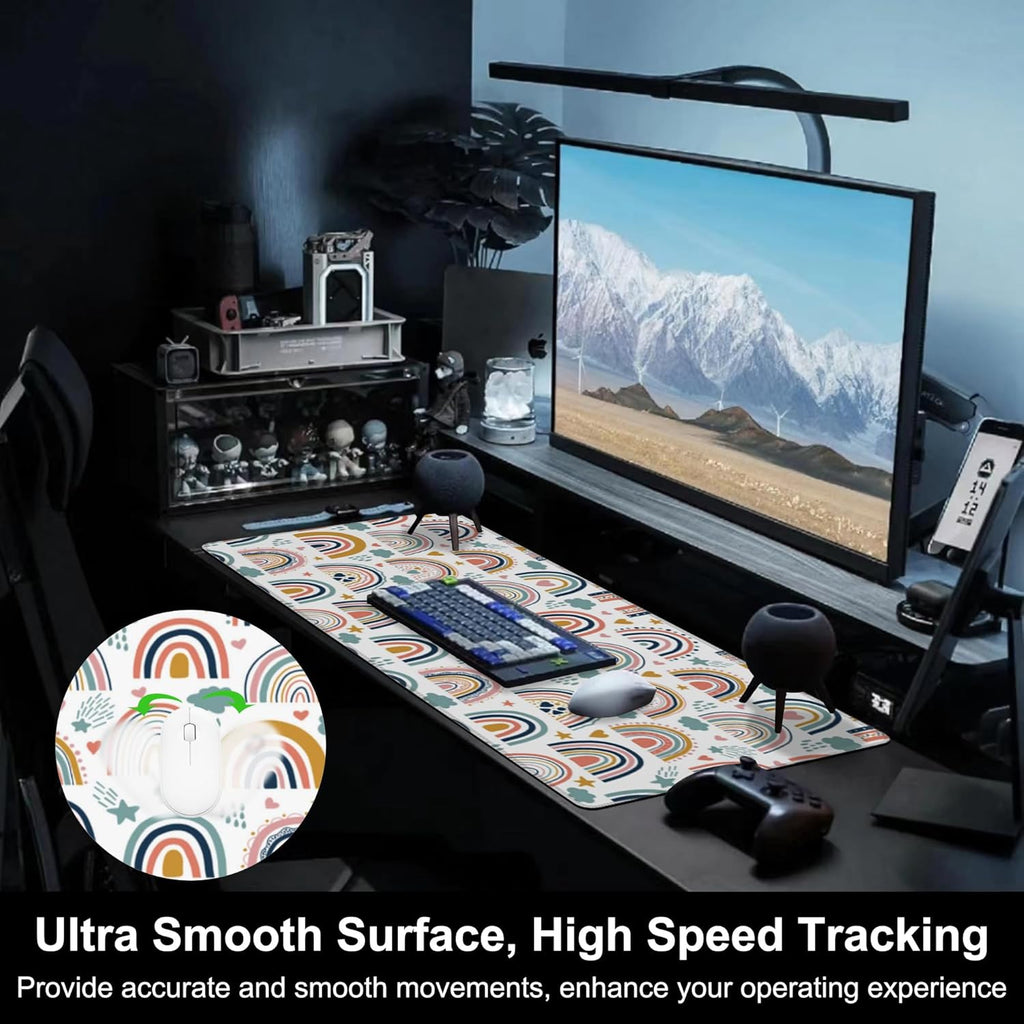 Mouse Pad, Large Boho Rainbow Desk Mat, Extended Non-Slip Gaming Keyboard Mousepad Desk Pad, Thick Stitched Edges Waterproof Mouse Mat 31.5"x15.7" (Scandi Rainbow and Stars Clouds)
