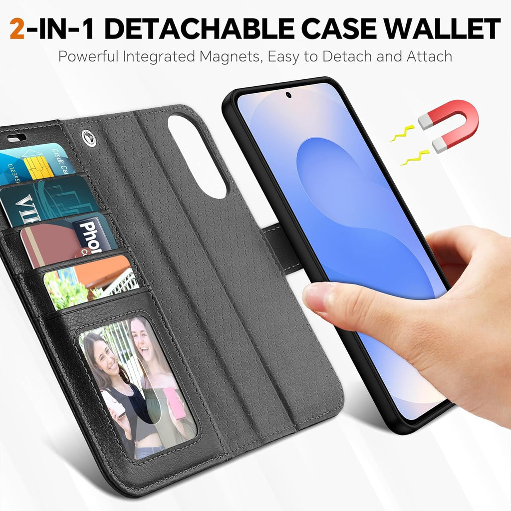 TUCCH Wallet Case for Galaxy S25 Edge, [Removable] [Wireless Charging] Wrist Strap RFID Blocking [4 Card Holders] PU Leather Cover, Magnetic Detachable Stand Folio for Galaxy S25 Edge, Textured Black