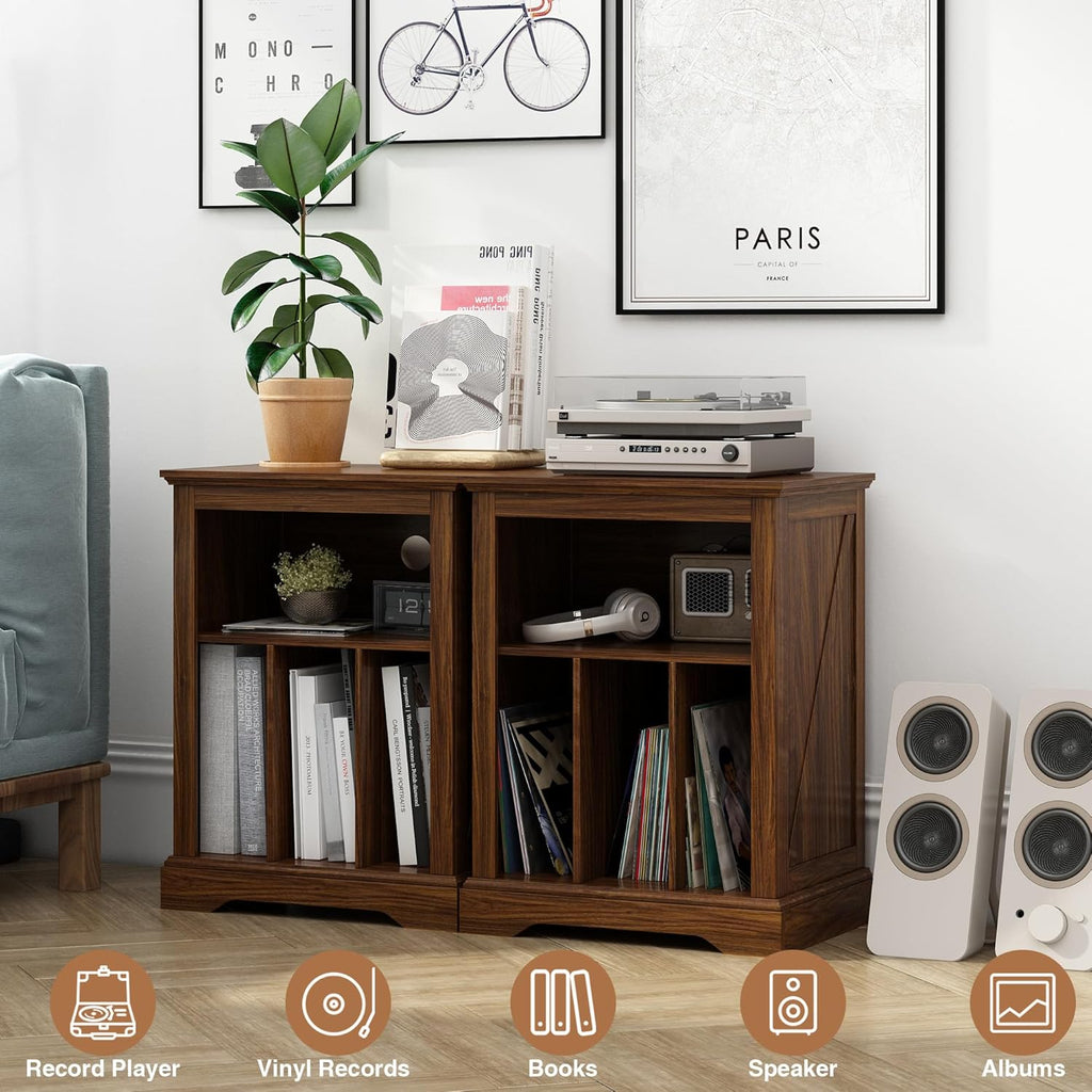 Farmhouse Record Player Stand, 3 Tier End Table, Turntable Stand with Vinyl Record Storage ,Wood Record Holder Cabinet Dispaly Shelf for Living Room,Bedroom,Rustic Brown