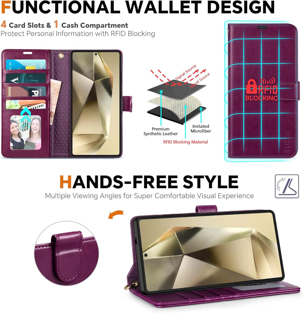 TUCCH Case Wallet for Galaxy S25 Ultra, [Detachable] 2 in 1 Magnetic PU Leather Wrist Strap RFID Blocking Wireless Charging 4 Card Slot Kickstand Removable Flip Cover for Galaxy S25 Ultra, Plum Purple