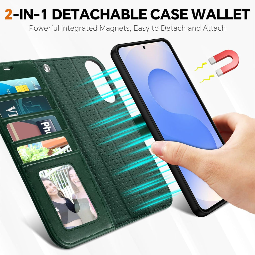 TUCCH Wallet Case for Galaxy S25 Edge, Removable 2 in 1 [Wireless Charging] Wrist Strap RFID Blocking [4 Card Holders] PU Leather Cover, Magnetic Detachable Stand Folio for Galaxy S25 Edge, Evergreen