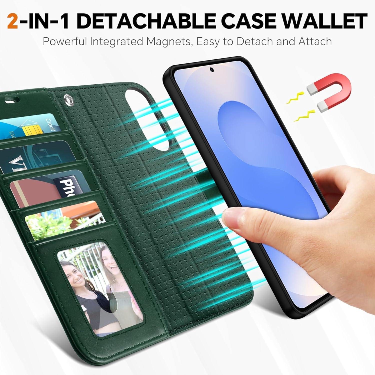 TUCCH Wallet Case for Galaxy S25 Edge, Removable 2 in 1 [Wireless Charging] Wrist Strap RFID Blocking [4 Card Holders] PU Leather Cover, Magnetic Detachable Stand Folio for Galaxy S25 Edge, Evergreen