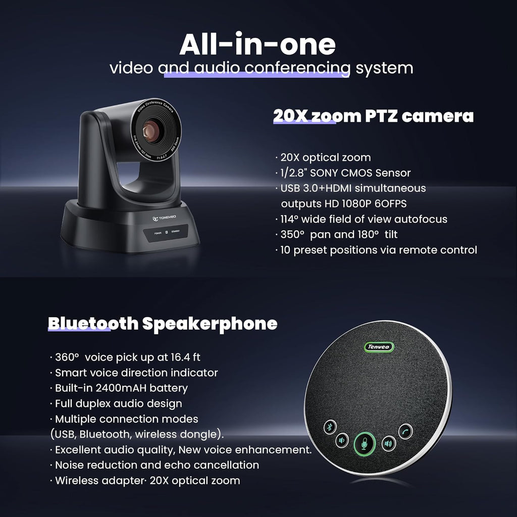 HDMI 20X Optical Zoom PTZ Conference Room Camera System, 1080P 60fps USB3.0 Computer Camera with Microphone & Bluetooth Speakerphone, Easy Setup for Church & Meetings