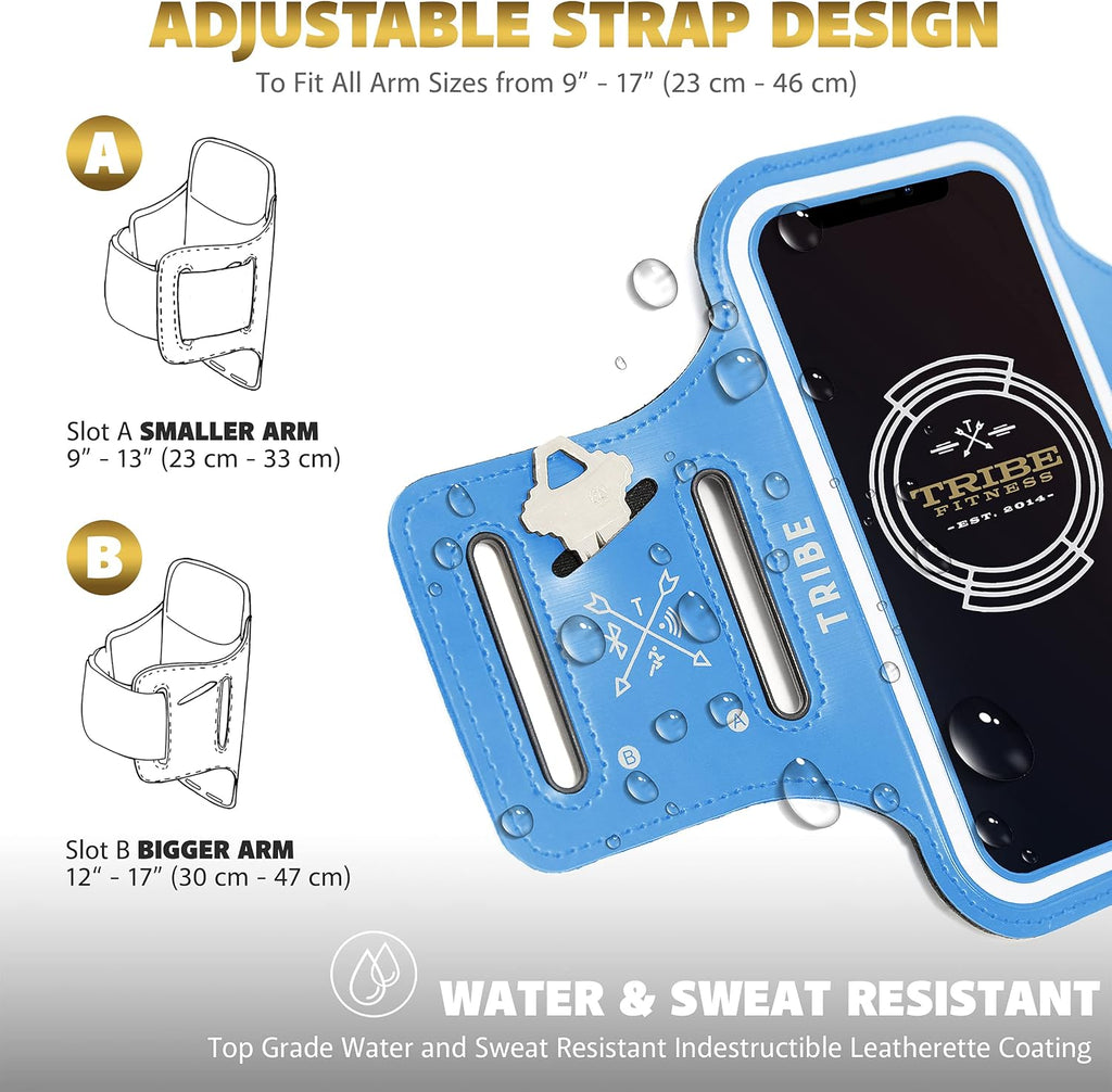 TRIBE Water Resistant Cell Phone Armband Case Running Holder for iPhone Pro Max Plus Mini SE (13/12/11/X/XS/XR/8/7/6/5) Galaxy S Ultra Plus Edge Note (21/20/10/9/8/7/6/5) Adjustable Strap & Key Pocket