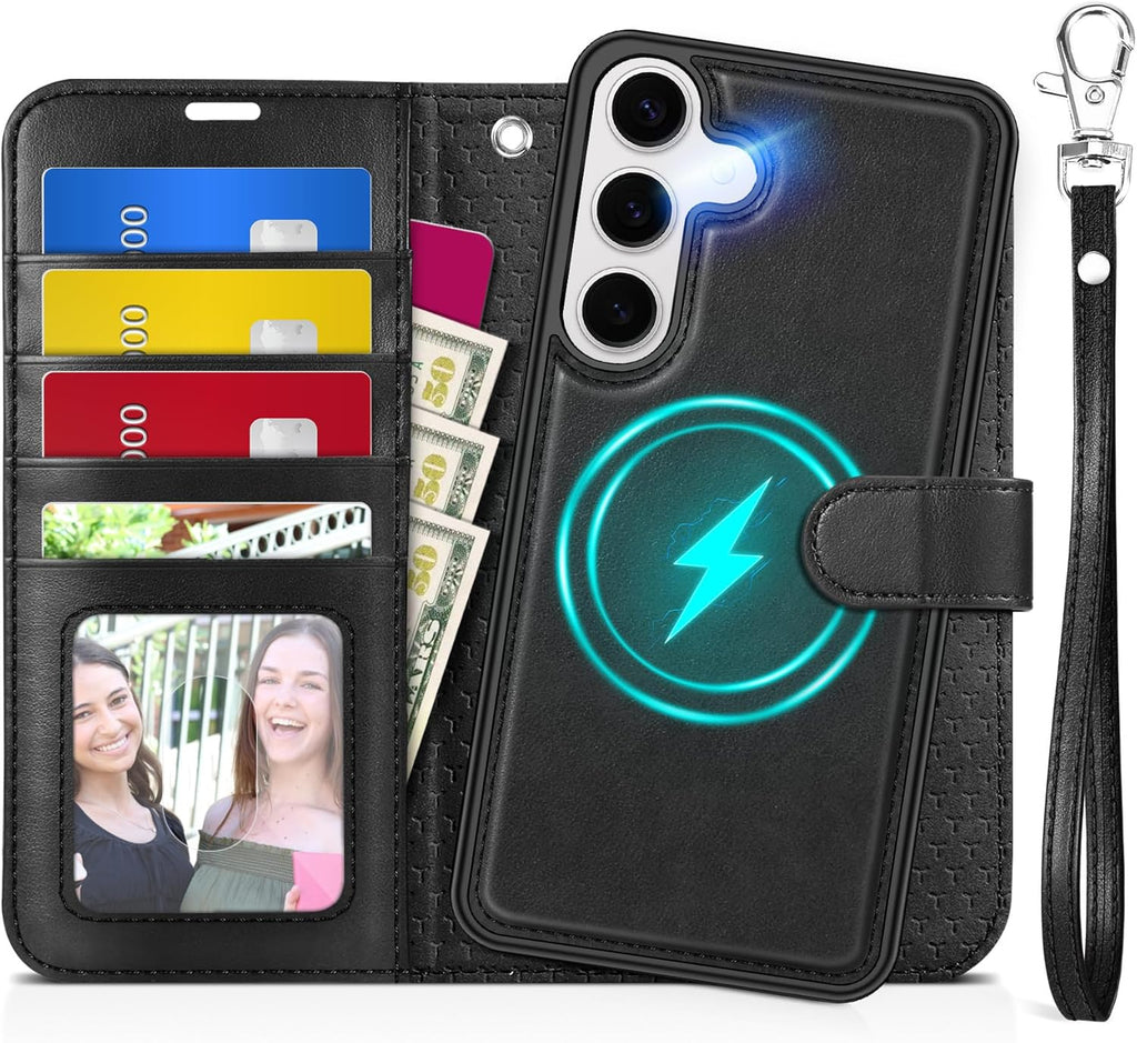 TUCCH Wallet Case for Galaxy S25 Plus, Removable RFID Blocking [4 Card Slots] Wrist Strap [Wireless Charging] Kickstand PU Leather Magnetic Detachable Protective Cover for Galaxy S25 Plus 6.7", Black