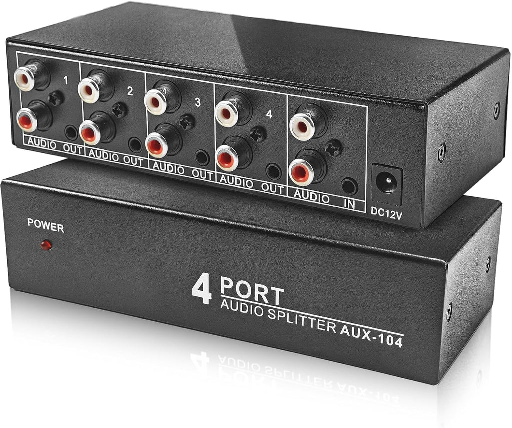 3.5mm Aux + RCA L/R Audio Splitter 1 in 4 Out, BolAAzuL 4-Way Stereo Audio Distributor Box 4-Channel Stereo RCA Splitter 1x4 for DVD Player, Game Console, Headphones, Speaker - w/Power