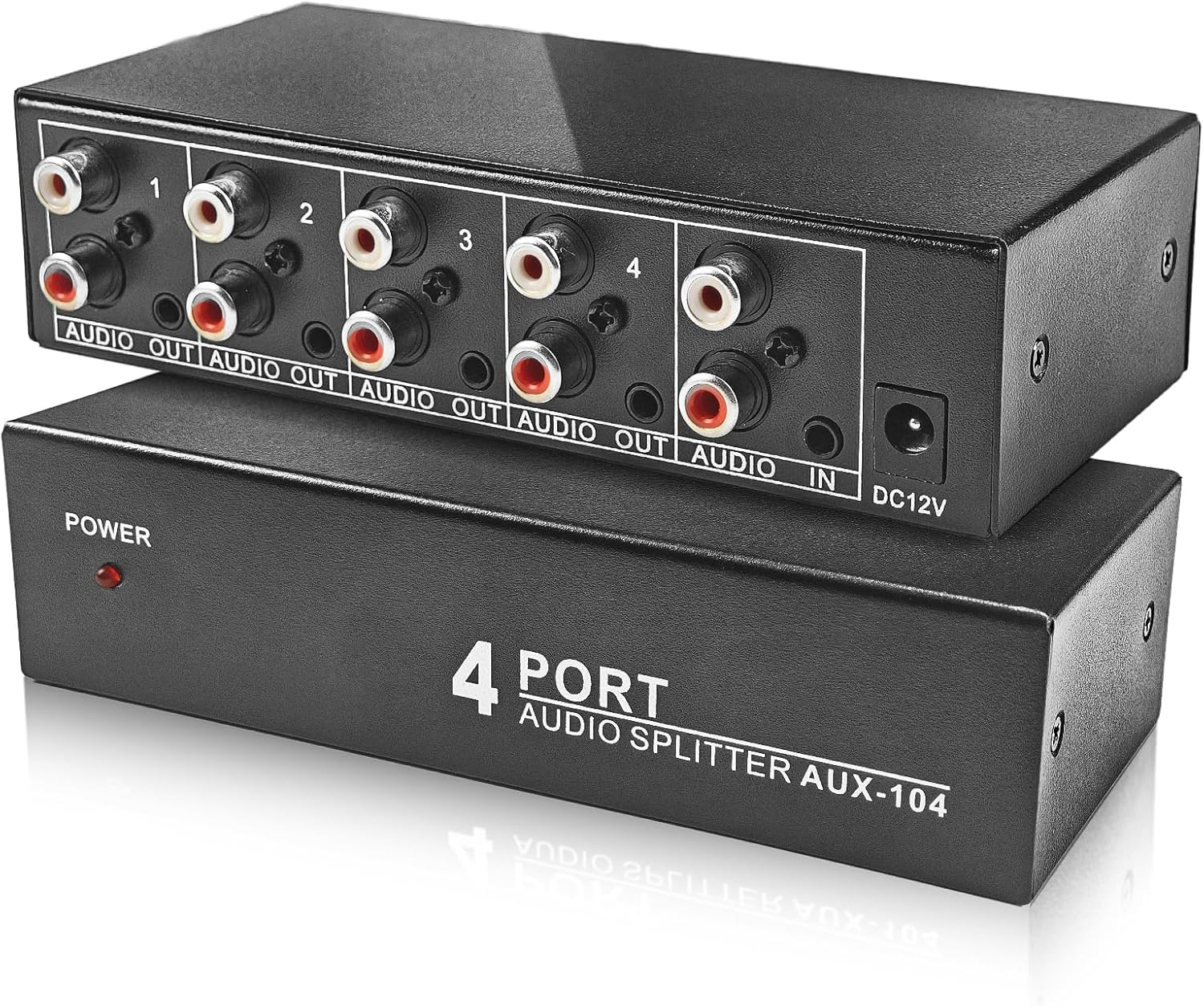 3.5mm Aux + RCA L/R Audio Splitter 1 in 4 Out, BolAAzuL 4-Way Stereo Audio Distributor Box 4-Channel Stereo RCA Splitter 1x4 for DVD Player, Game Console, Headphones, Speaker - w/Power