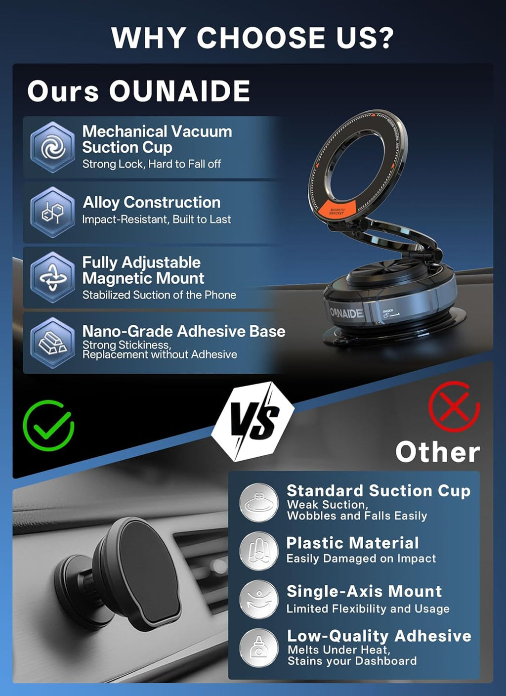 Magnetic Phone Holder For Car,360°Vacuum Magnetic Car Phone Holder,Car Phone Mount Adjustable Cell Phone Holder Enhanced Vacuum Suction Cup Car Accessories for iphone 16e 15 14 Android (Silver Black)