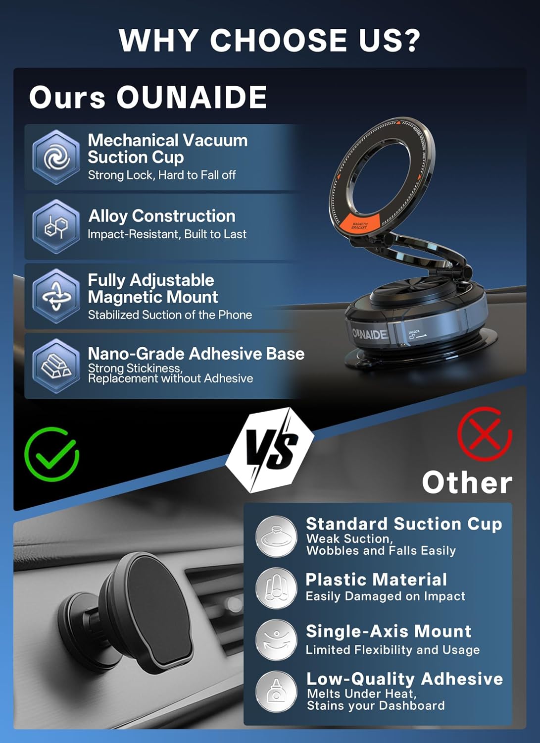 Magnetic Phone Holder For Car,360°Vacuum Magnetic Car Phone Holder,Car Phone Mount Adjustable Cell Phone Holder Enhanced Vacuum Suction Cup Car Accessories for iphone 16e 15 14 Android (Silver Black)