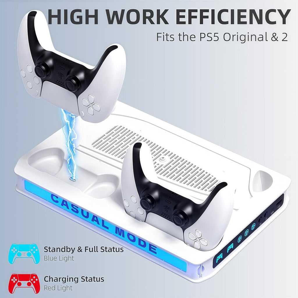 ZYTHRONE PS5/Pro/Slim Stand for Disc & Digital Console, PS5 Cooling Station with Dual Controller Charger for Playsation 5, RGB Light, Cooling Fan, Headset Holder,DIY