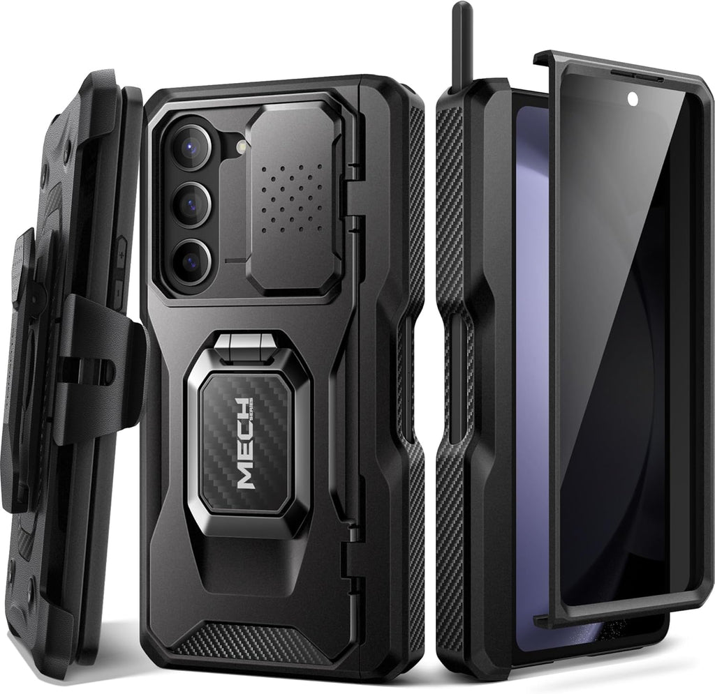 TONGATE for Z Fold 5 Case with Ring Stand, Built-in S Pen Holder & Glass Screen Protector Shockproof Rugged Z5 Phone Case with Slide Camera Cover& Belt Clip for Samsung Galaxy Z Fold 5, Privacy Black