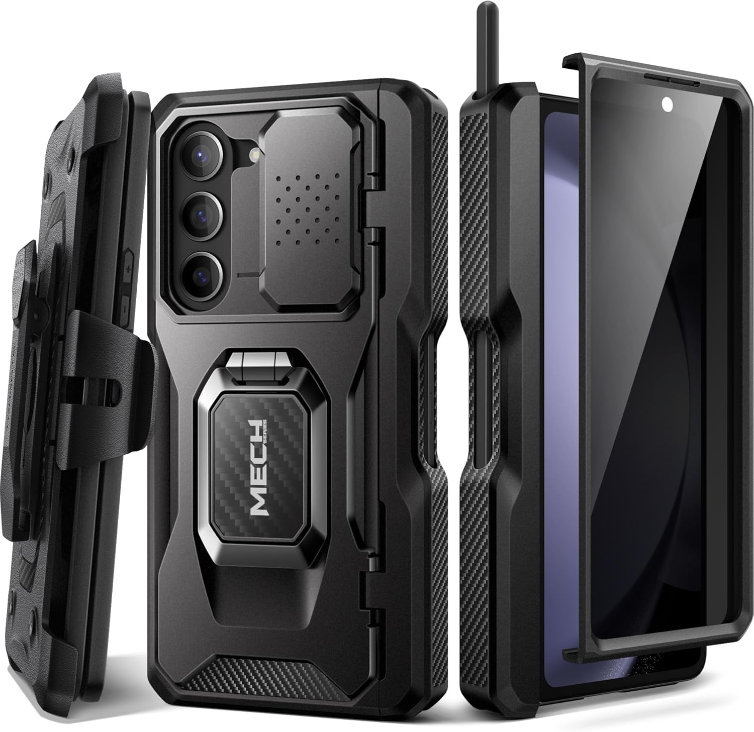 TONGATE for Z Fold 5 Case with Ring Stand, Built-in S Pen Holder & Glass Screen Protector Shockproof Rugged Z5 Phone Case with Slide Camera Cover& Belt Clip for Samsung Galaxy Z Fold 5, Privacy Black