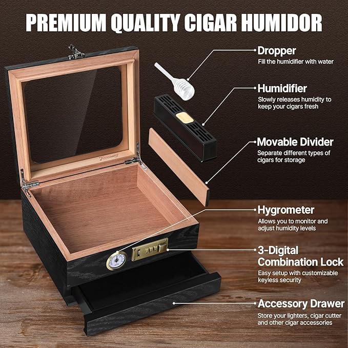Tesonway Cigar Humidor, Cedar Wood Humidor Cigar Box, Glass Top Desktop Humidor - Image 2