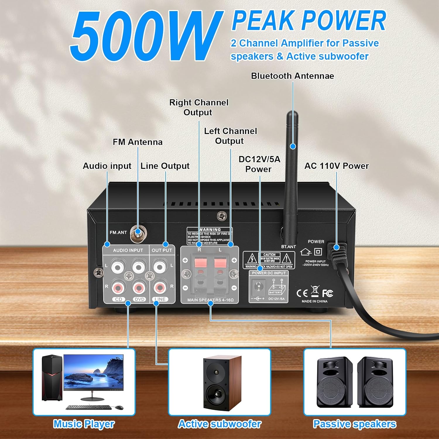Romica Stereo Audio Amplifier, 2 Channel 500W Bluetooth 5.0 Home Theater Power Amplifier with FM, Echo, AUX, USB, SD, MIC Inputs, HiFi AMP for Passive Speakers and Active subwoofer