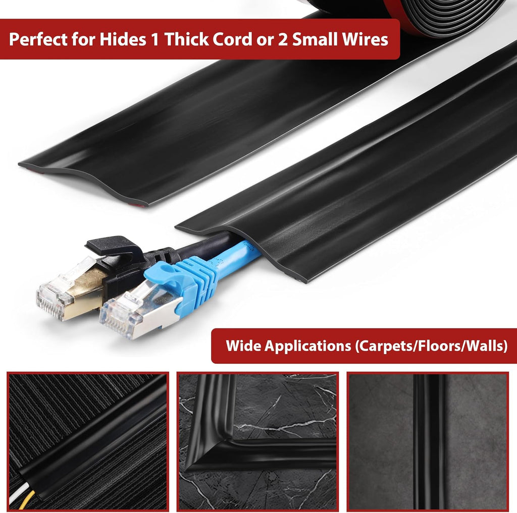 8.2ft Cord Cover Floor, Soft PVC Cord Covers for Wires on Floor, Self-Adhesive Cord Hider, Cable Management Wire Protector for Commercial Office Carpet/Floors/Wall White