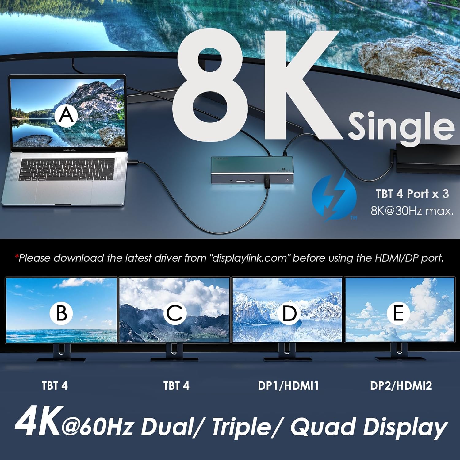 WAVLINK Thunderbolt 4 Dock with 100W Charging, Displaylink Docking Station Quad 4K@60Hz Monitors,3 Thunderbolt 4 Ports, 2.5G Ethernet, USB C Docking Station for Mac and PC,Displaylink Driver Required