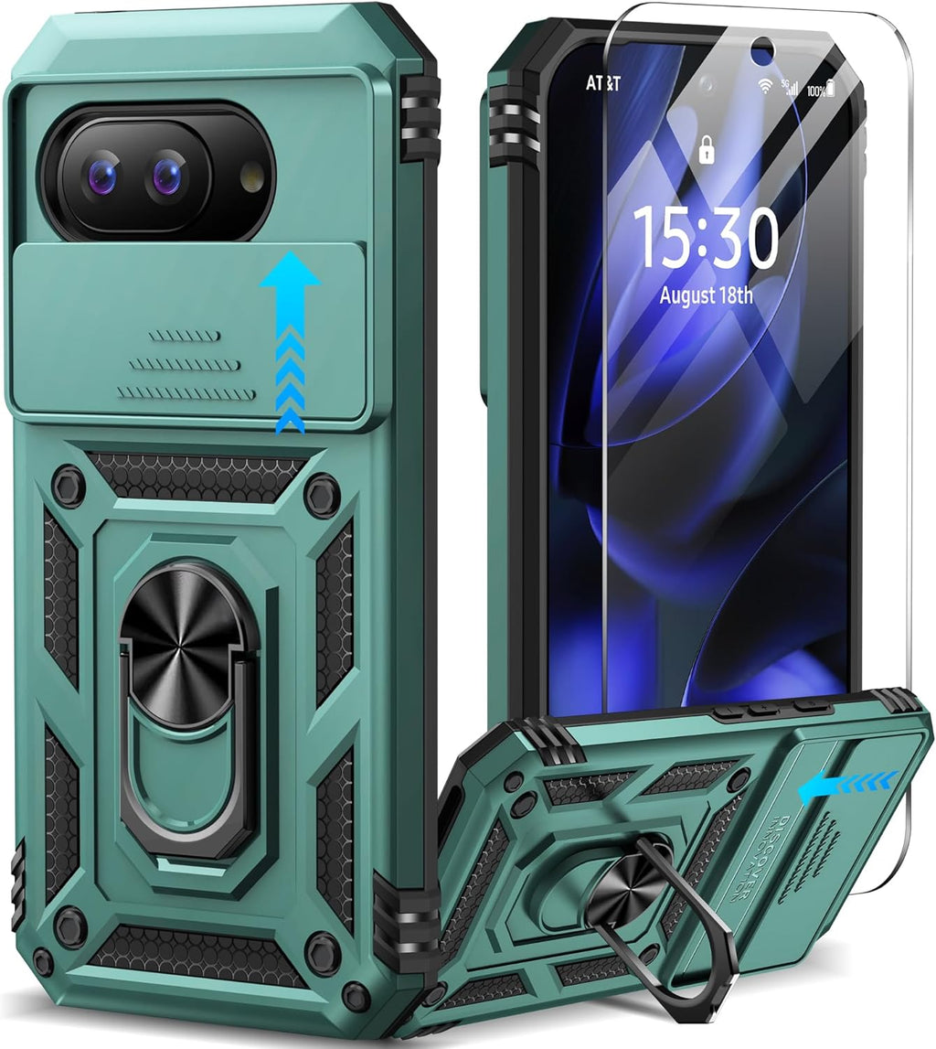 Taisairu for Google Pixel 9A Case with Screen Protector & Slide Camera Lens Cover,Built-in 360°Rotate Magnetic Ring Stand Shockproof Protective Phone Case for Google Pixel 9A Case (Green)