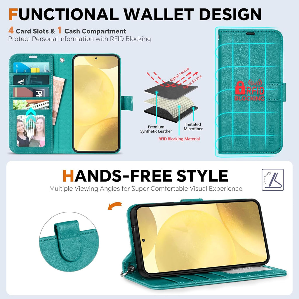 TUCCH Case Wallet for Galaxy S25 Plus, Detachable [Wireless Charging] RFID Blocking 4 Card Holder, Wrist Strap Removable Stand PU Leather Flip Shockproof Phone Cover for Galaxy S25 Plus 6.7", Cyan