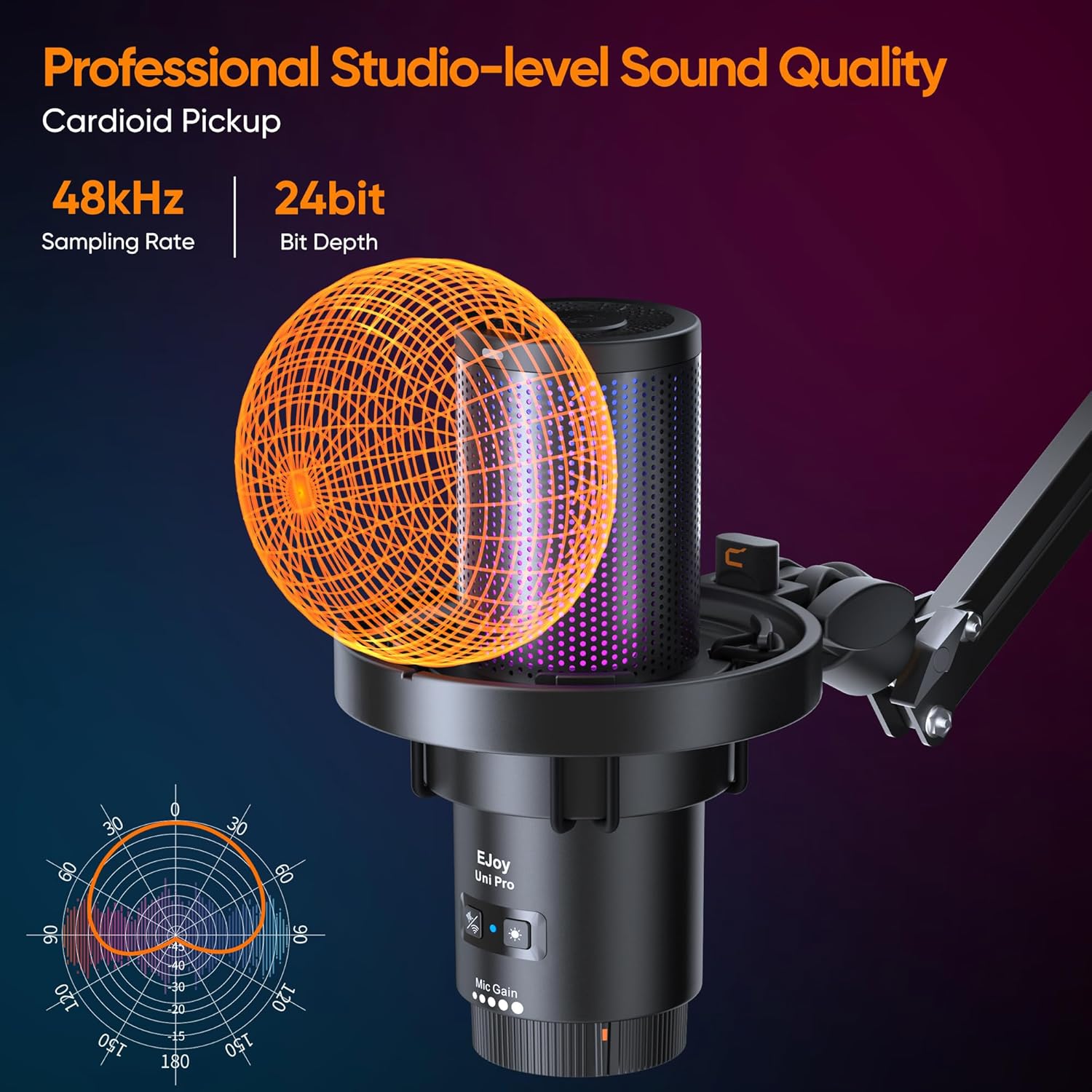 Comica EJoy Uni Pro Wireless USB Condenser Gaming for PC, PS4, PS5, USB C Phone and Mac, Boom Arm RGB Computer Mic for Twitch, Streaming, Podcasting, Noise Cancellation Mic with Mute, Gain, Monitoring