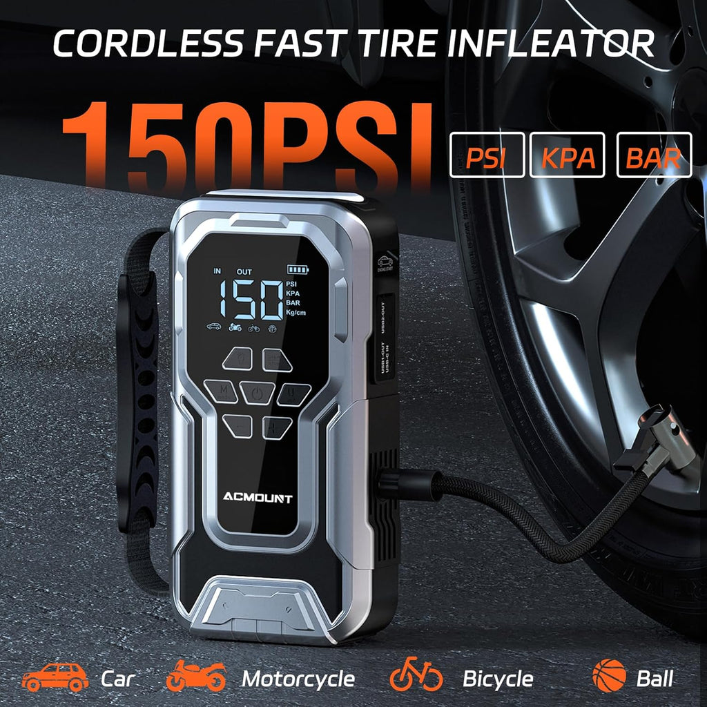 Jump Starter with Air Compressor, 6000A Car Battery Jump Starter (All Gas/10.0L Diesel), 150PSI Tire Inflator, 12V Jumper Pack with LCD Display & LED Light, Portable Air Pump, 21800mAh Battery