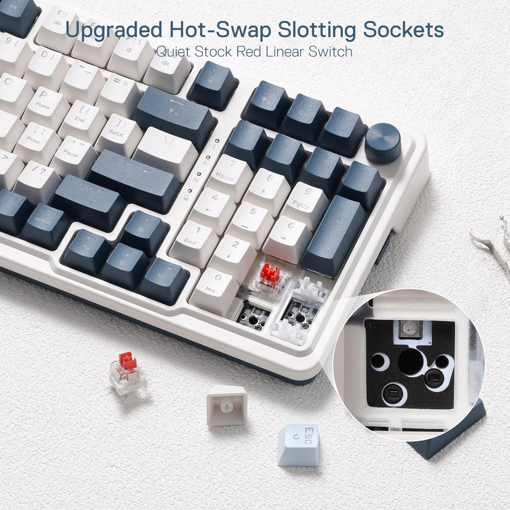 Redragon K686 PRO 98 Keys Wireless Gasket RGB Gaming Keyboard, 3-Mode Win/Mac Mechanical Keyboard w/5-Layer Noise Dampening, Dedicated Knob Control & Hot-Swap in Linear Red Switch, Blue Himmel Color