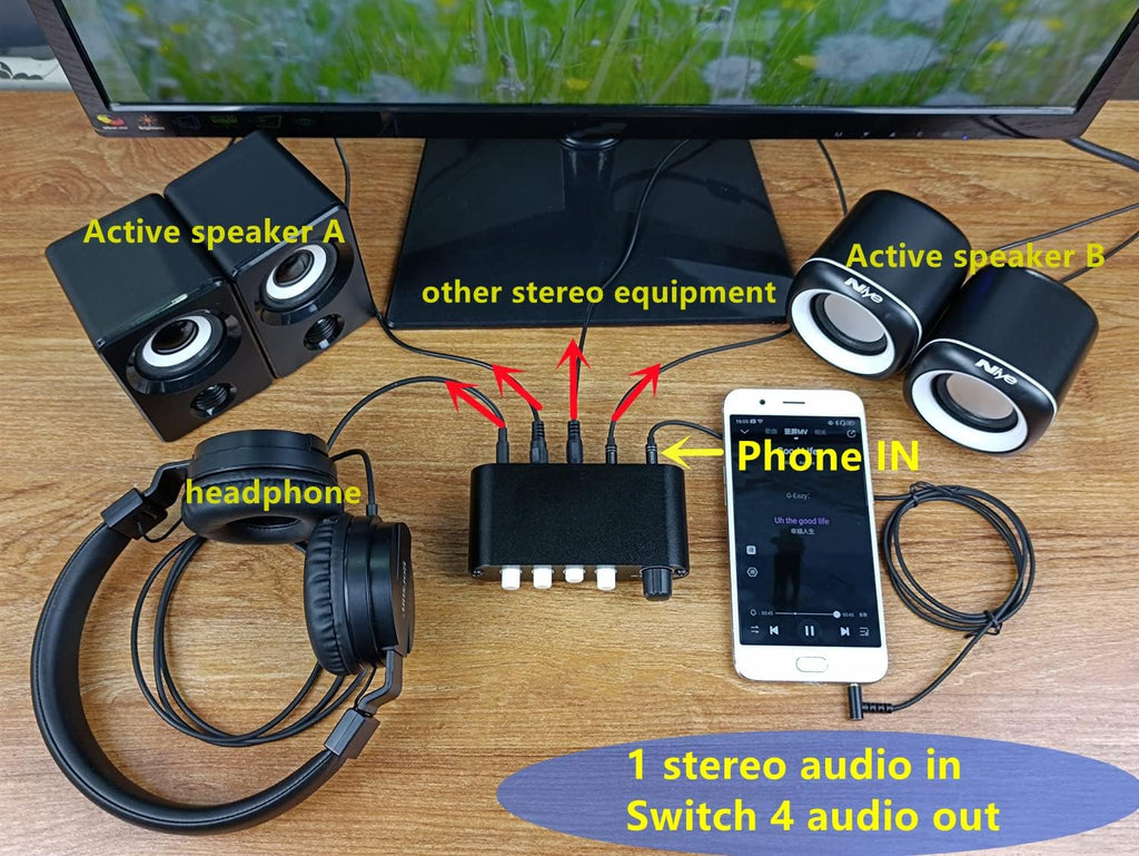 4-Way 3.5mm Stereo Audio Switch Input Signal Source Switcher Selector Splitter Box with line Volume Controller (4 in 1 Out / 1 in 4 Out) -MC41