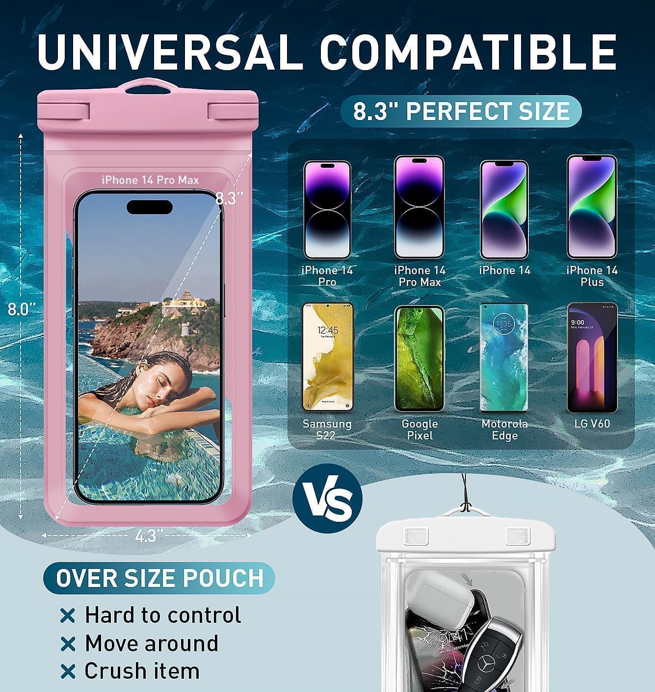 Waterproof Phone Pouch,with Inside Card Bag, Large Waterproof Case for iPhone 16 15 14 13 Pro Max,IPX8 Certified and Lightweigt Cellphone Dry Bag Beach Cruise Ship Essentials, 1 Pack-Pink-8.3″