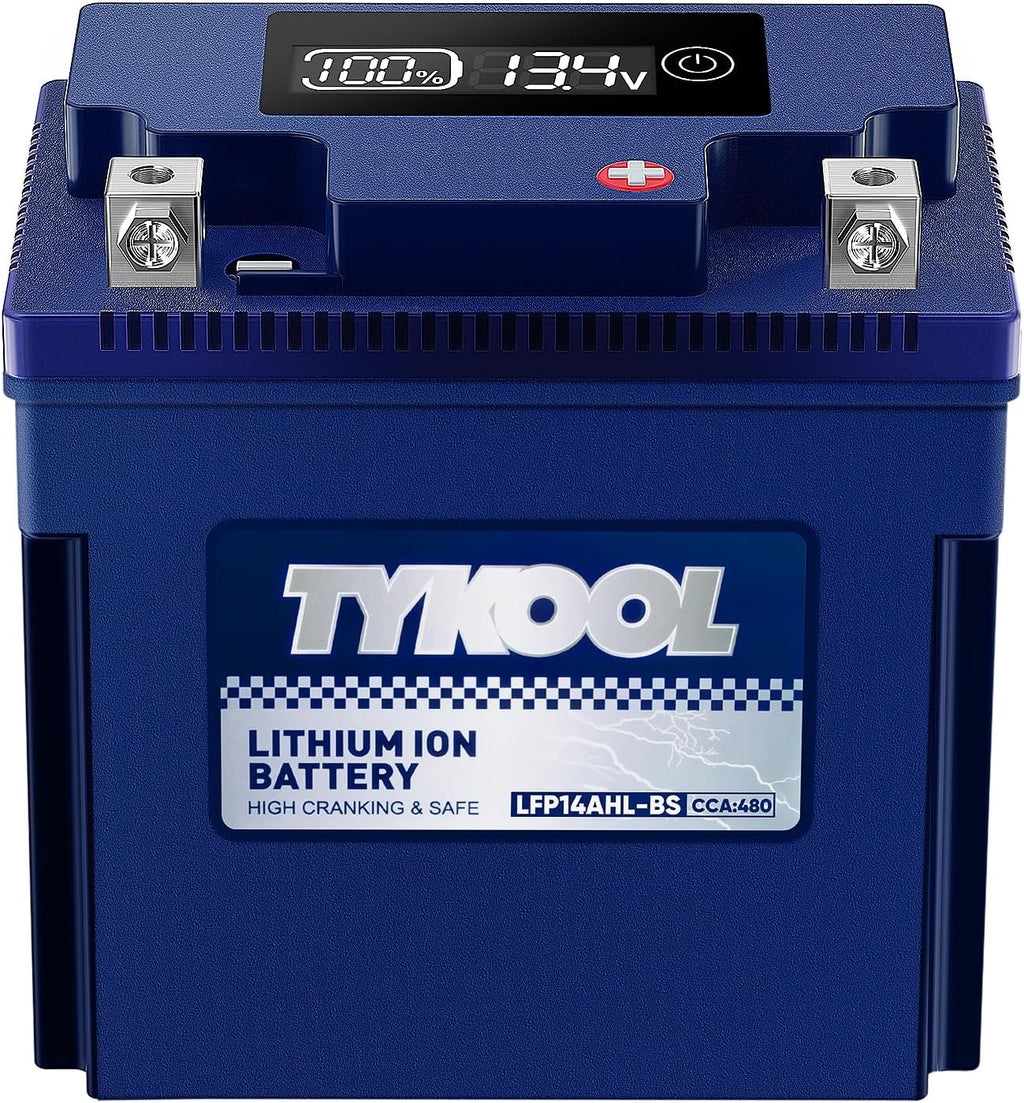 TYKOOL YTX14AHL-BS LiFePO4 Lithium Motorcycle Battery,12.8V 8Ah,480CCA,Digital Readout,Powersports Battery, Fits for Motorcycle,ATV,Snowmobile,PWC. 3X Cranking Amps,5X Longer Life.Fast Charging.