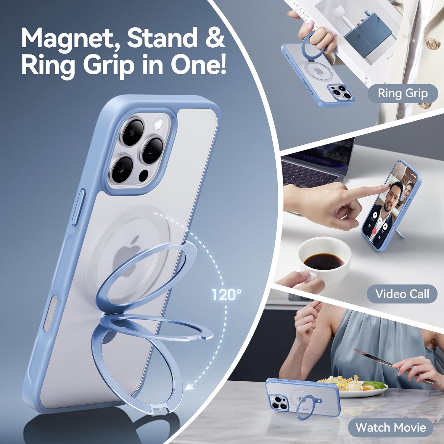 CASEKOO Designed for iPhone 16 Pro Max Case with Magnetic Invisible Stand [Military Drop Protection] [Compatible with MagSafe] Shockproof Slim Translucent Matte Promax Case 6.9 Inch, Light Blue
