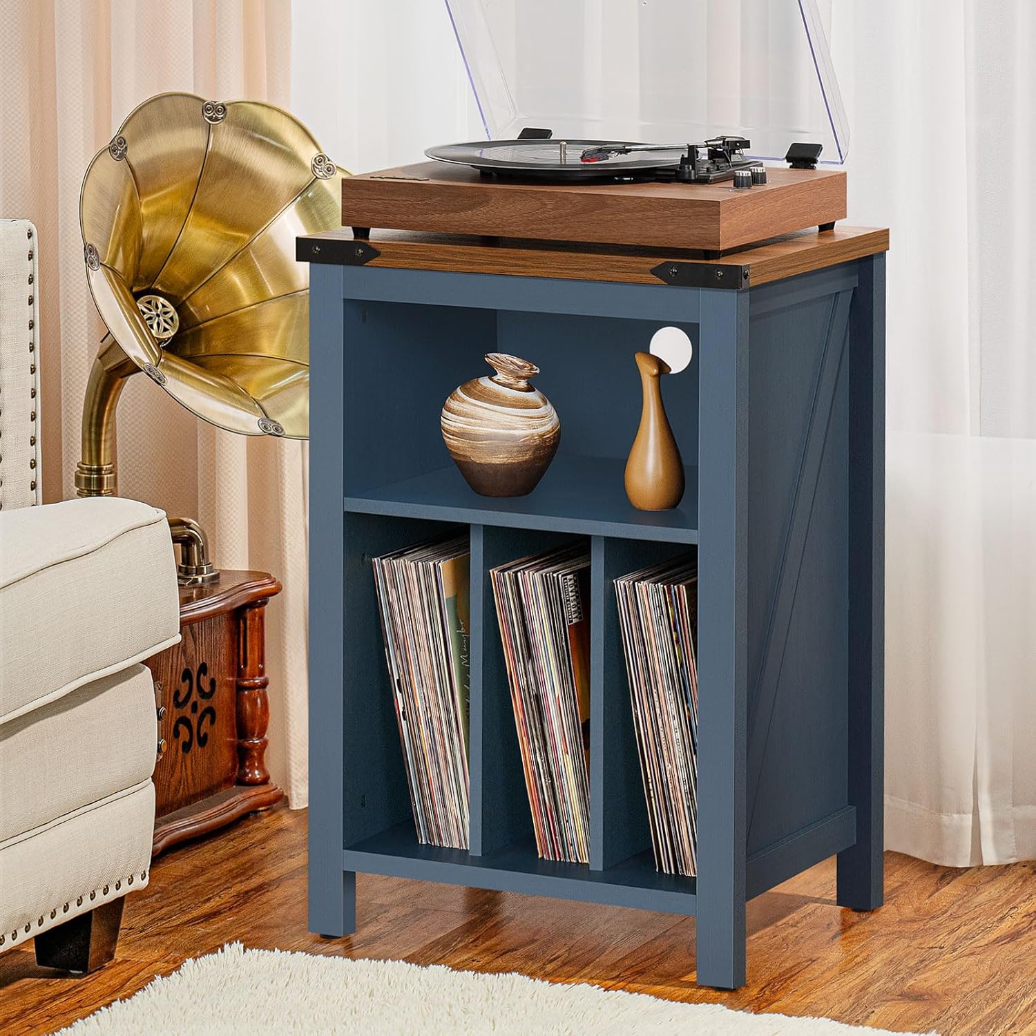 Record Player Stand with Vinyl Record Storage,Navy Blue Record Player Table Holds up to 160 Albums,Large Wood Turntable Stand Cabinet Dispaly Shelf for Living Room,Bedroom,Office