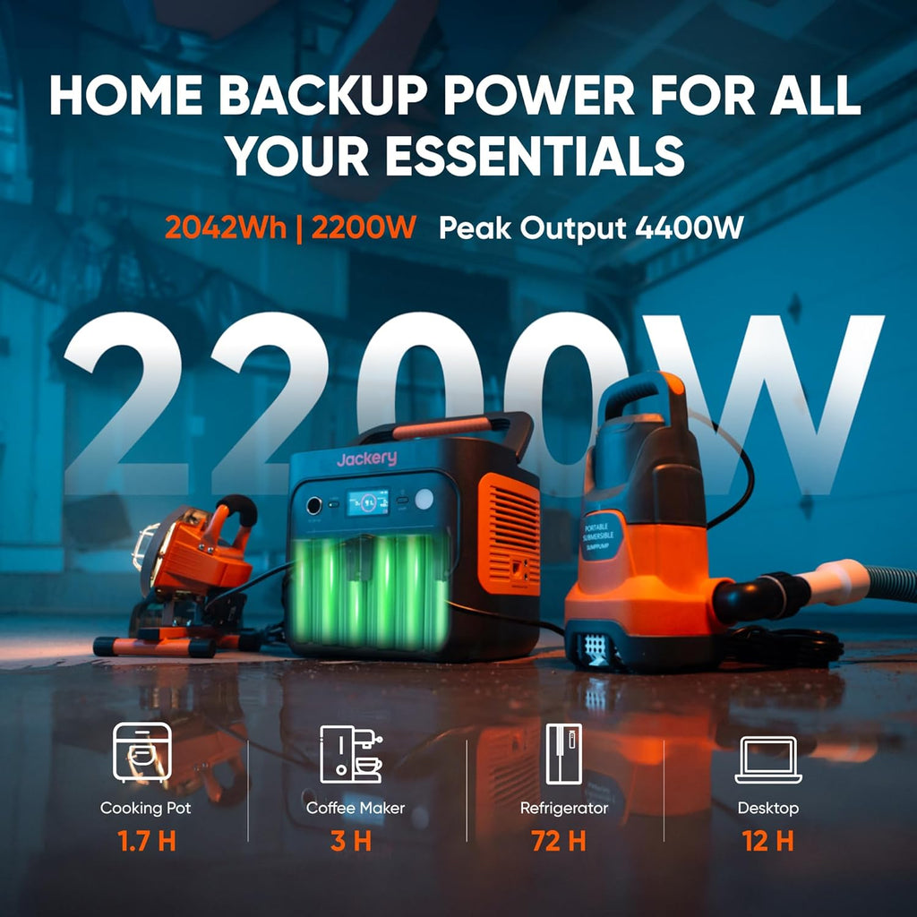Jackery Explorer 2000 v2 Portable Power Station with Car Charging Cable, 2042Wh LiFePO4 Battery, 2200W Solar Generator, USB-C PD 100W Fast Charging for Camping, Home Use(Solar Panel Optional)