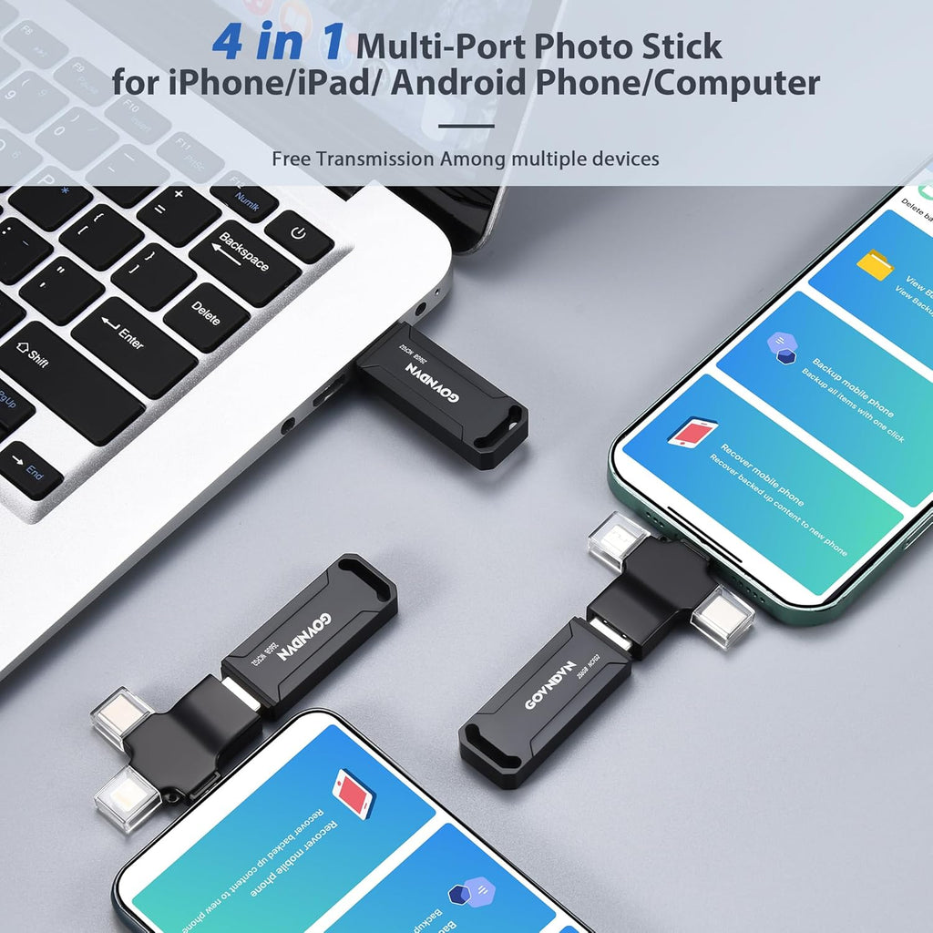 Auto Backup All Devices Photo Stick 128GB Real Capacity, iPhone USB Flash Drive & Backup Storage Memory Stick for Photos, Videos & Contacts, 4-in-1 Thumb Drive for iPhone, iPad, Android, PC, Tablets