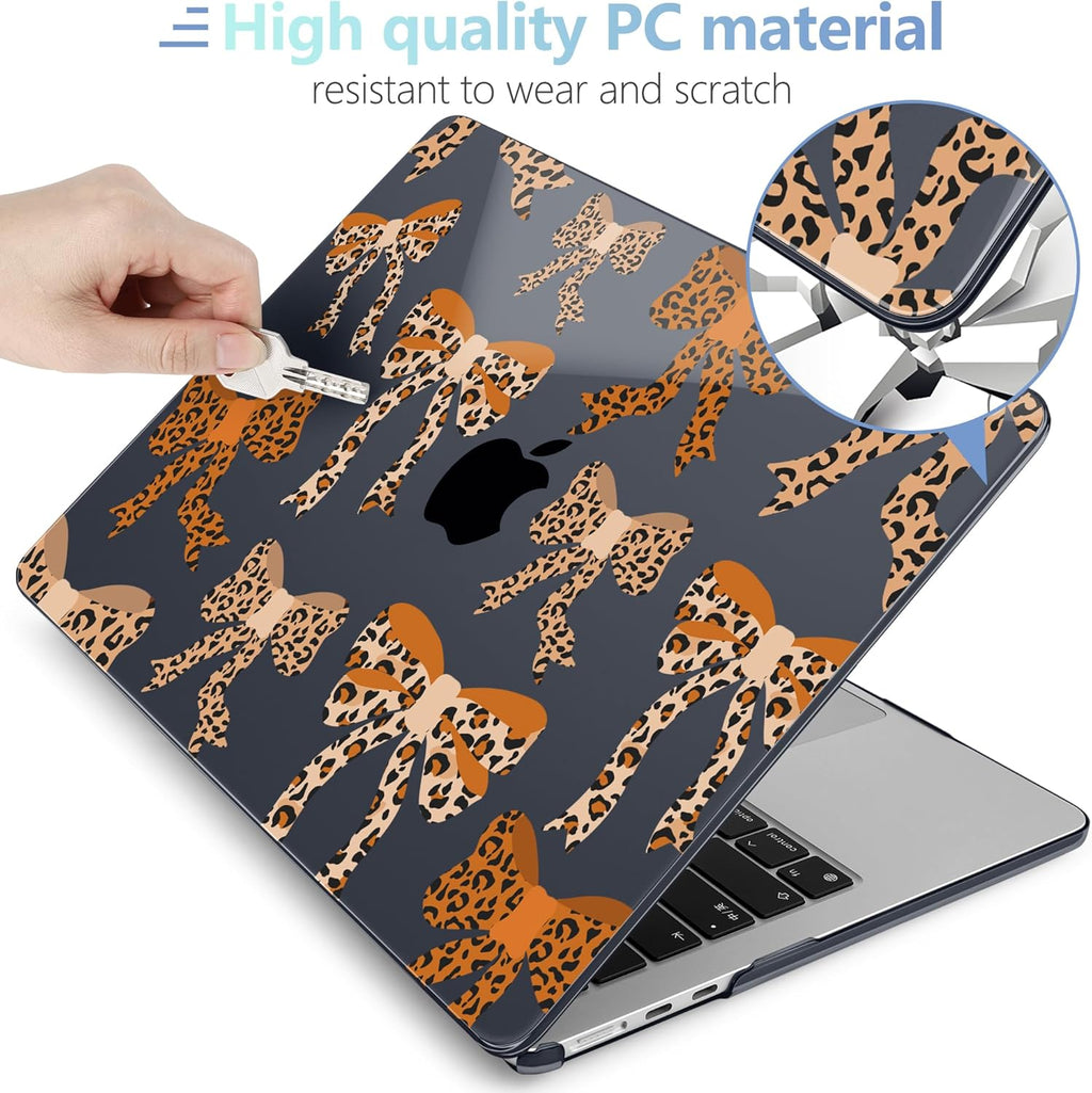 MEEgoodo for M4/M3/M2 MacBook Air 15.3 inch Case 2025 2024 2023, Case Fit Model (A3241/A3114/A2941) for MacBook Air 15 inch, Laptop Hard Shell with Keyboard Cover, Ribbon Bow with Leopard Skin