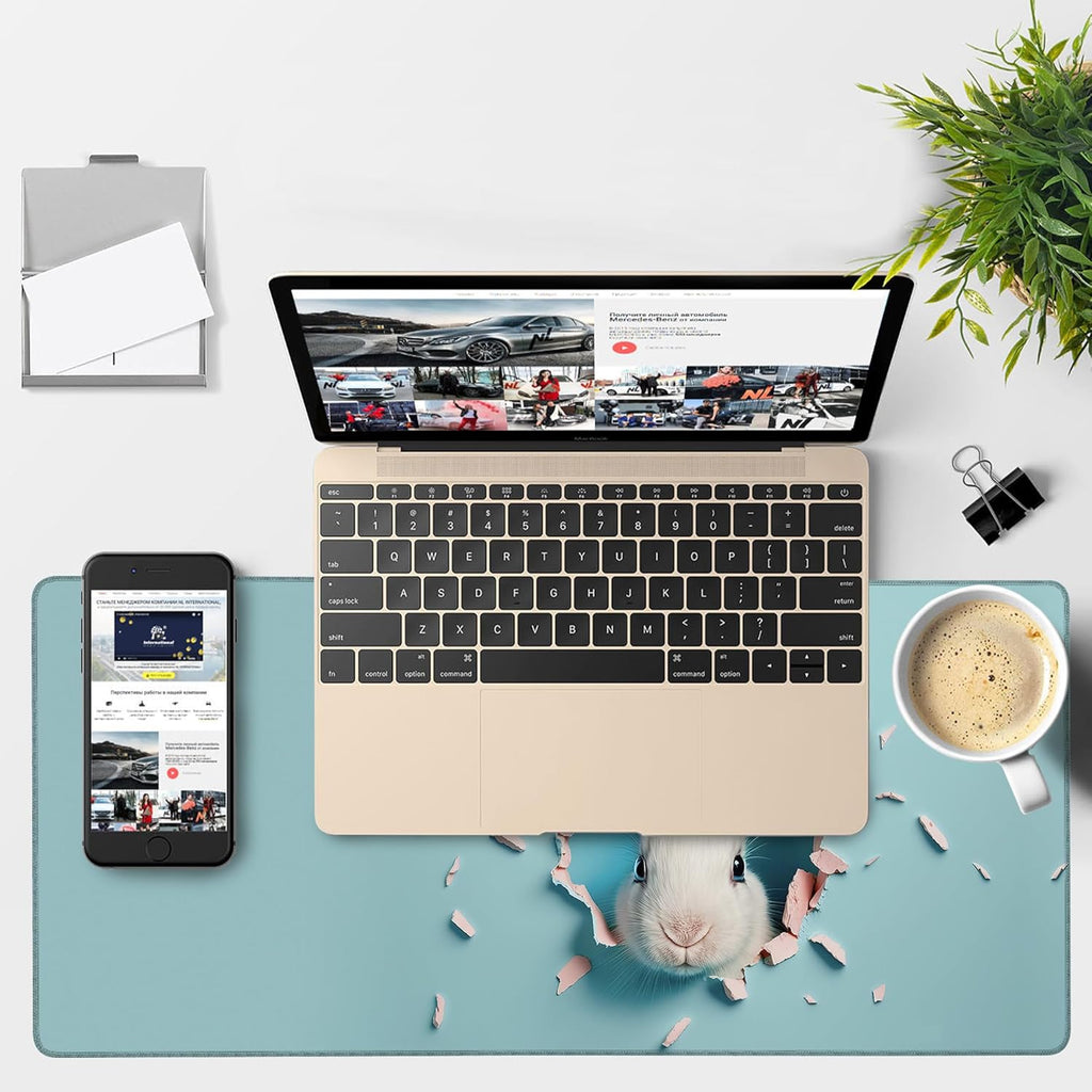 Gaming Desk Pad Large Extra Length Bunny Peeking Out of A Hole Mouse Pad Keyboard Laptop Non-Slip Waterproof with Rubber Base Thick Stitched Edge Mouse Mat for Office Home 35.4 x 15.7 Inches