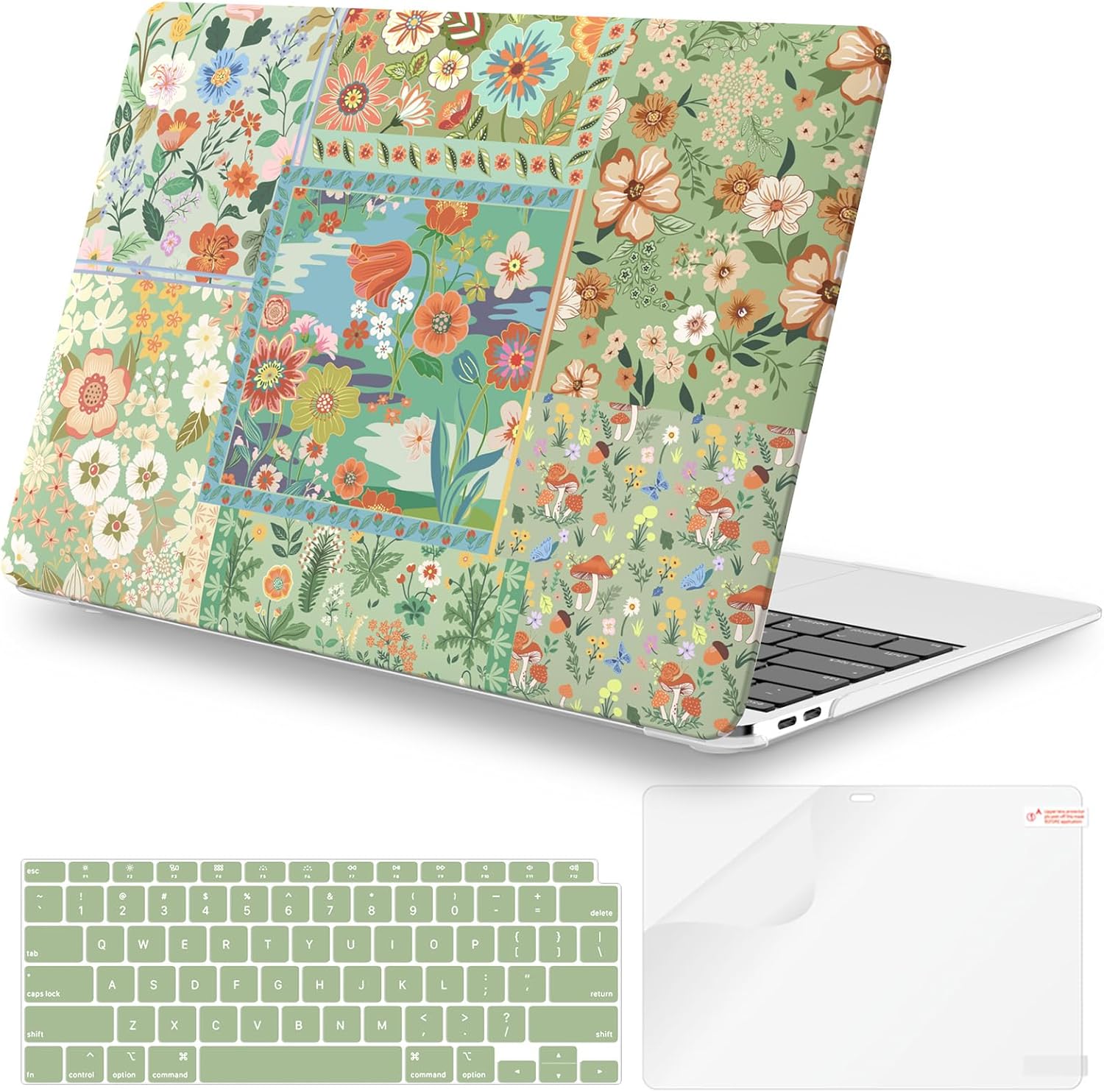 iCasso for MacBook Air 13 inch Case 2020 2019 2018 Release A2337 M1 A2179 A1932, Flower Hard Shell Protective Case for MacBook Air 13.3 inch + Keyboard Cover + Screen Film, Green Flower