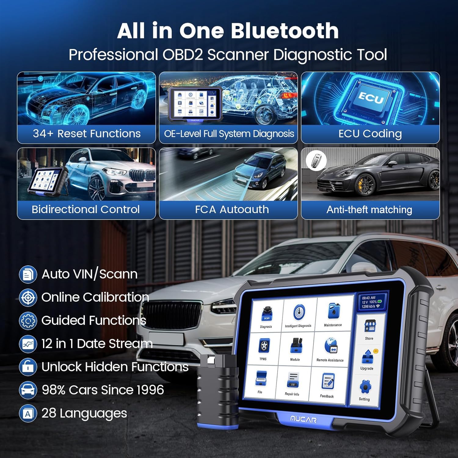MUCAR VO8 OBD2 Scanner Diagnostic Tool with Lifetime Free Update, Full System Bidirectional Scan Tool with 34+ Reset Service, ECU Coding, 3000+ Active Test, Power Balance, Crankshaft Relearn, FCA SGW