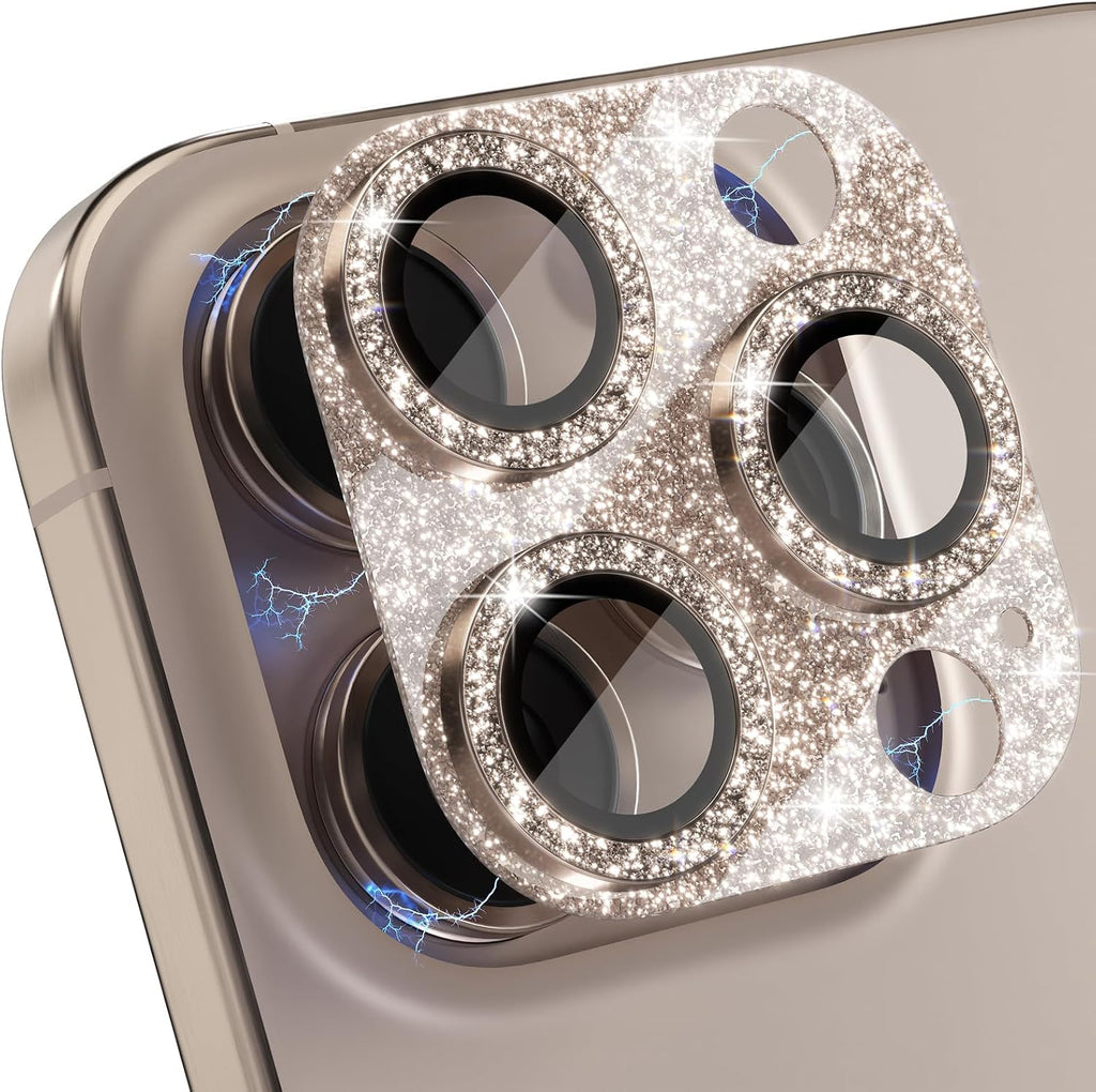 Choiche Compatible for iPhone 16 Pro/iPhone 16 Pro Max Camera Lens Protector, Bling Camera Cover with 9H Tempered Glass Lens Screen Protector Metal Ring Accessories (Glitter-Titanium Desert)