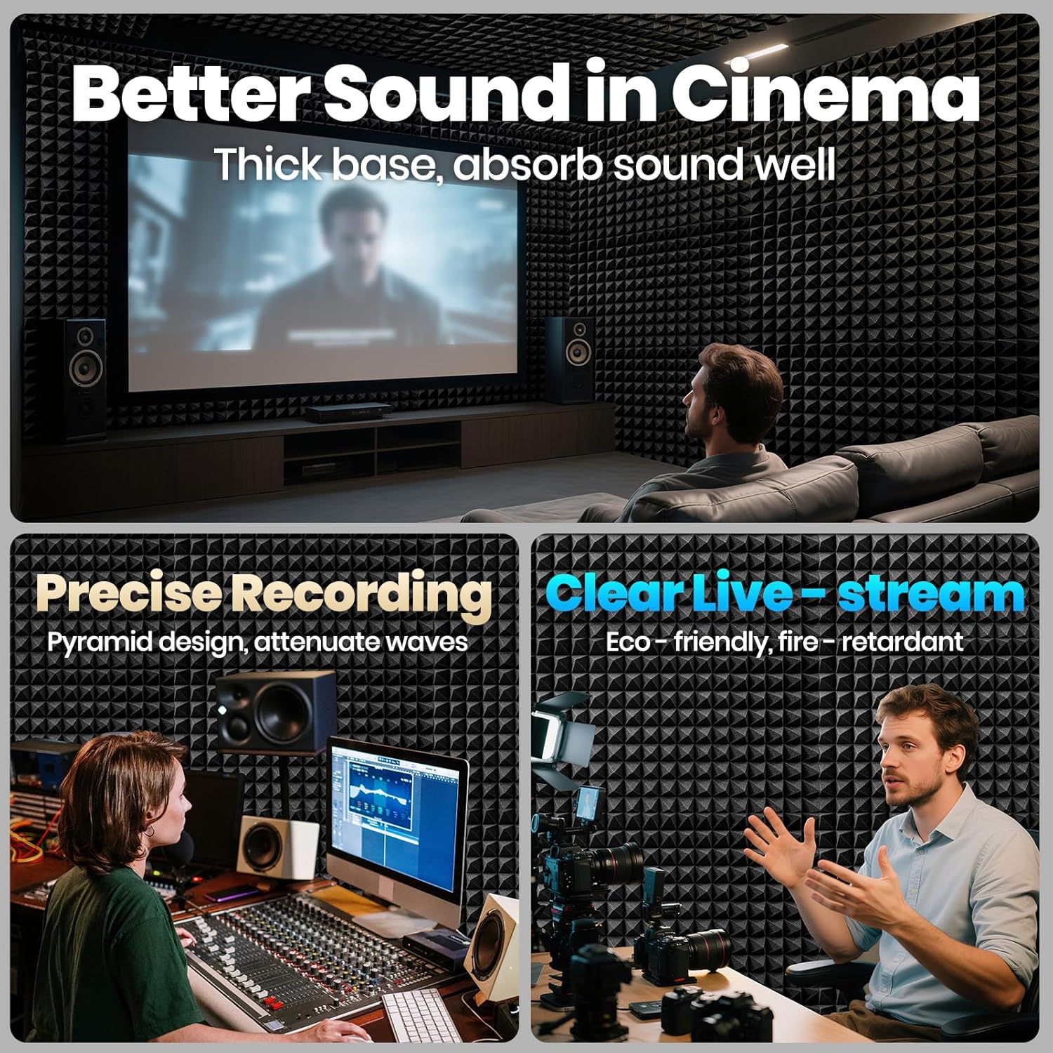 Focusound Grey Acoustic Panels 50 Pack 2"x12"x12" with 300 PCS Double-Side Adhesive - Sound Proof Pyramid Foam for Walls, Home Studio Noise Absorption & Echo Control Kit