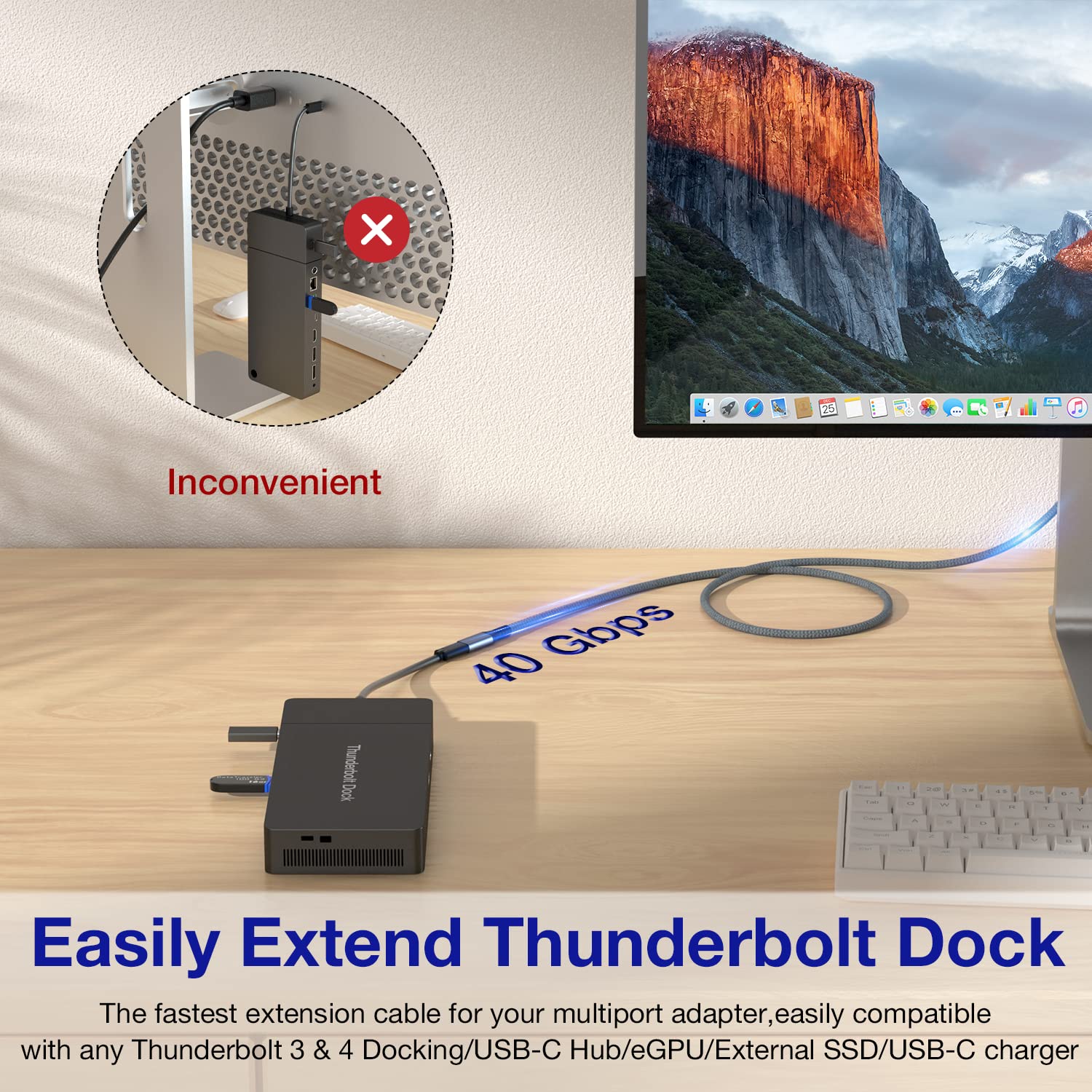 USB4 Extension Cable 1Ft, Thunderbolt 3 & 4 Extension Cable, USB C 4.0 Support PD 100W 20V5A, 40Gbps Transfer, 8K@60Hz, 6K/4K@60Hz Video for Dell/HP/Anker Dock, MacBook, iMac, Dell XPS, Intel NUC