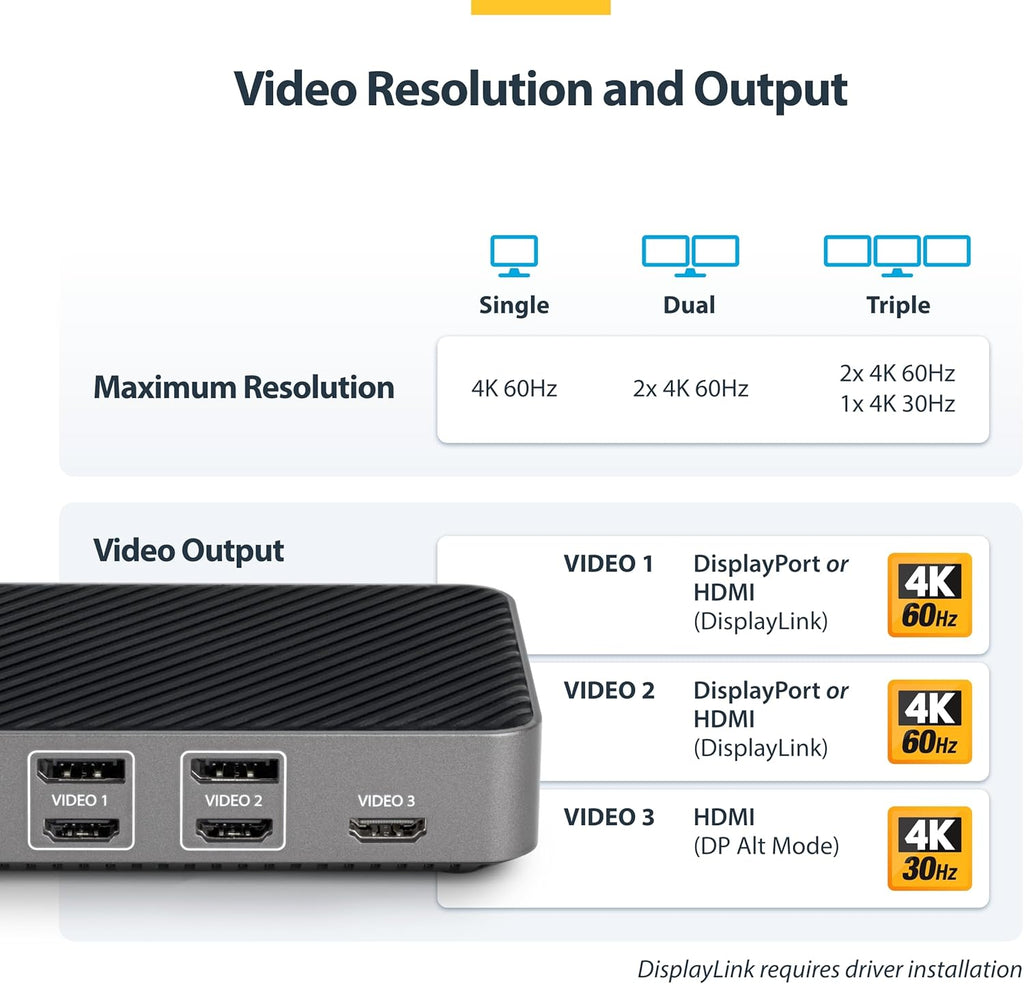 StarTech.com USB-C Triple Monitor Docking Station for MacBook Pro / Air M1 M2 M3 M4 & Windows, Universal 4K HDMI DP Dock, Thunderbolt Compatible, 100W Laptop Charging