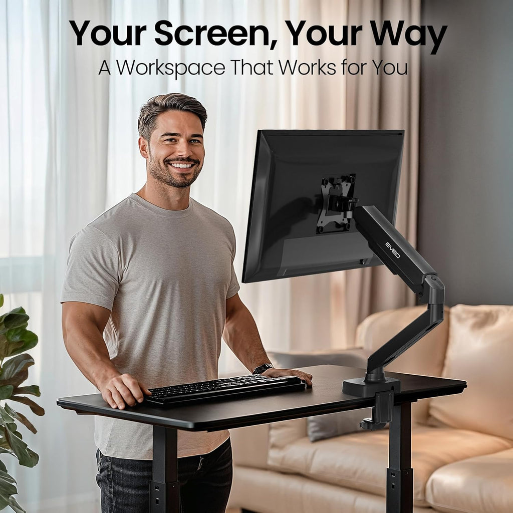 EVEO Premium Single Monitor Arm 14"–34", Adjustable Gas Spring Monitor Mount, Single Arm Desk Mount for 34 Inch Computer Screens, VESA Compatible Stand with Clamp and Grommet Base – Black