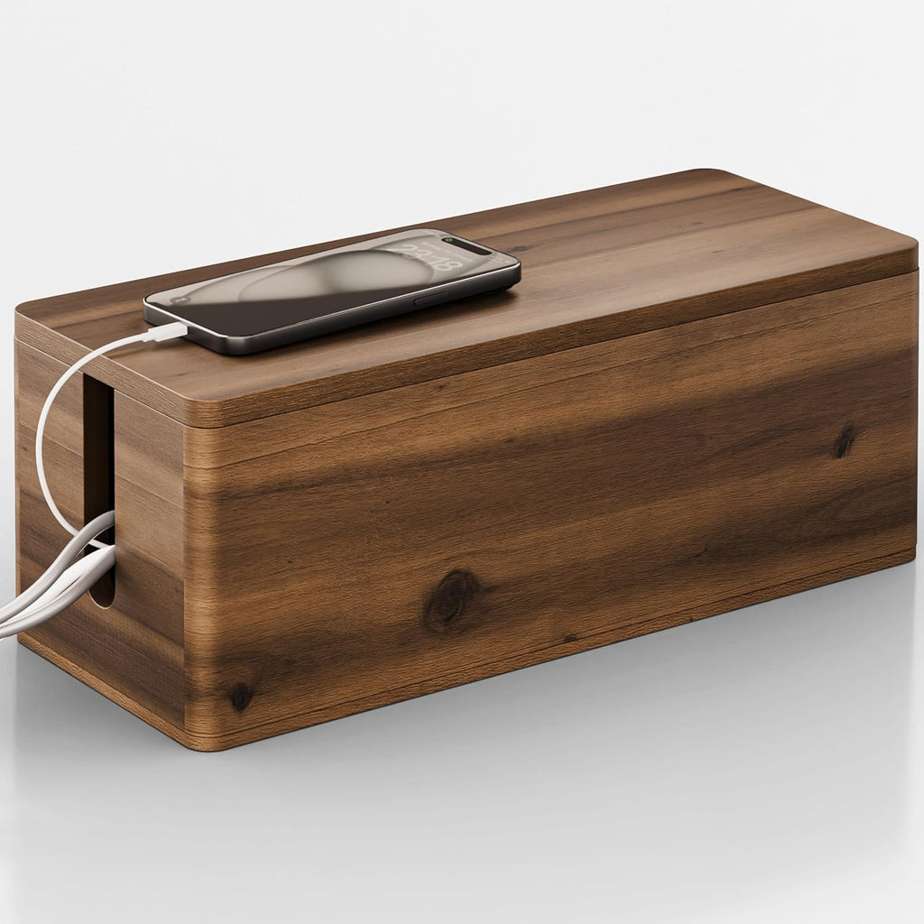 Acacia Wood Large Cable Management Box Round Edge - 16" L Wooden Power Strip Box, Surge Protector Box - Cable Hider Box for Office, Living Room - 2 Open Slots, Magnetic Lid (Walnut Color)