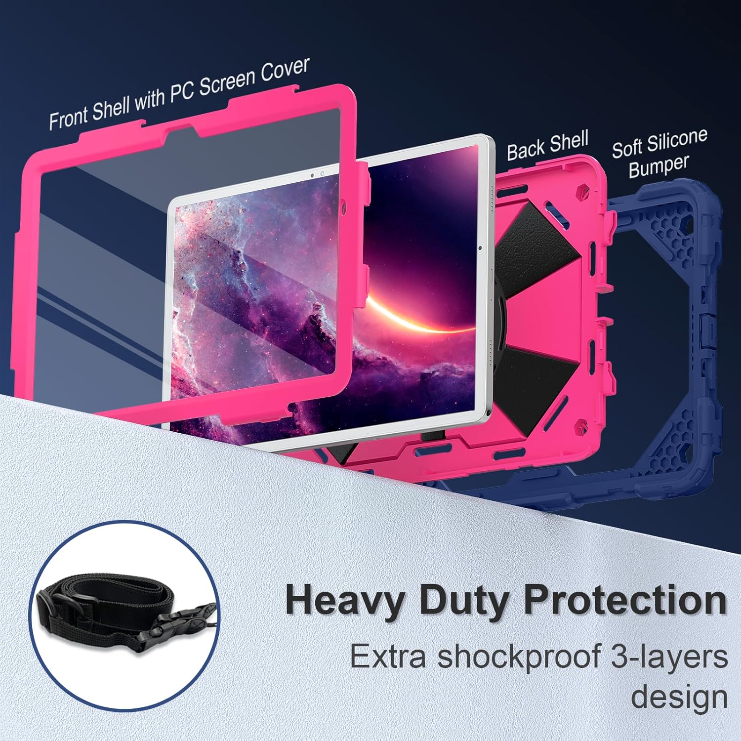 for Galaxy Tab A9 Plus Case 11 Inch, Rugged Case for Samsung Galaxy A9+ Tablet with Screen Protector 360 Rotating Stand Shoulder Strap Pen Holder, 2023 Model(SM-X210/X216/218), Navy Pink