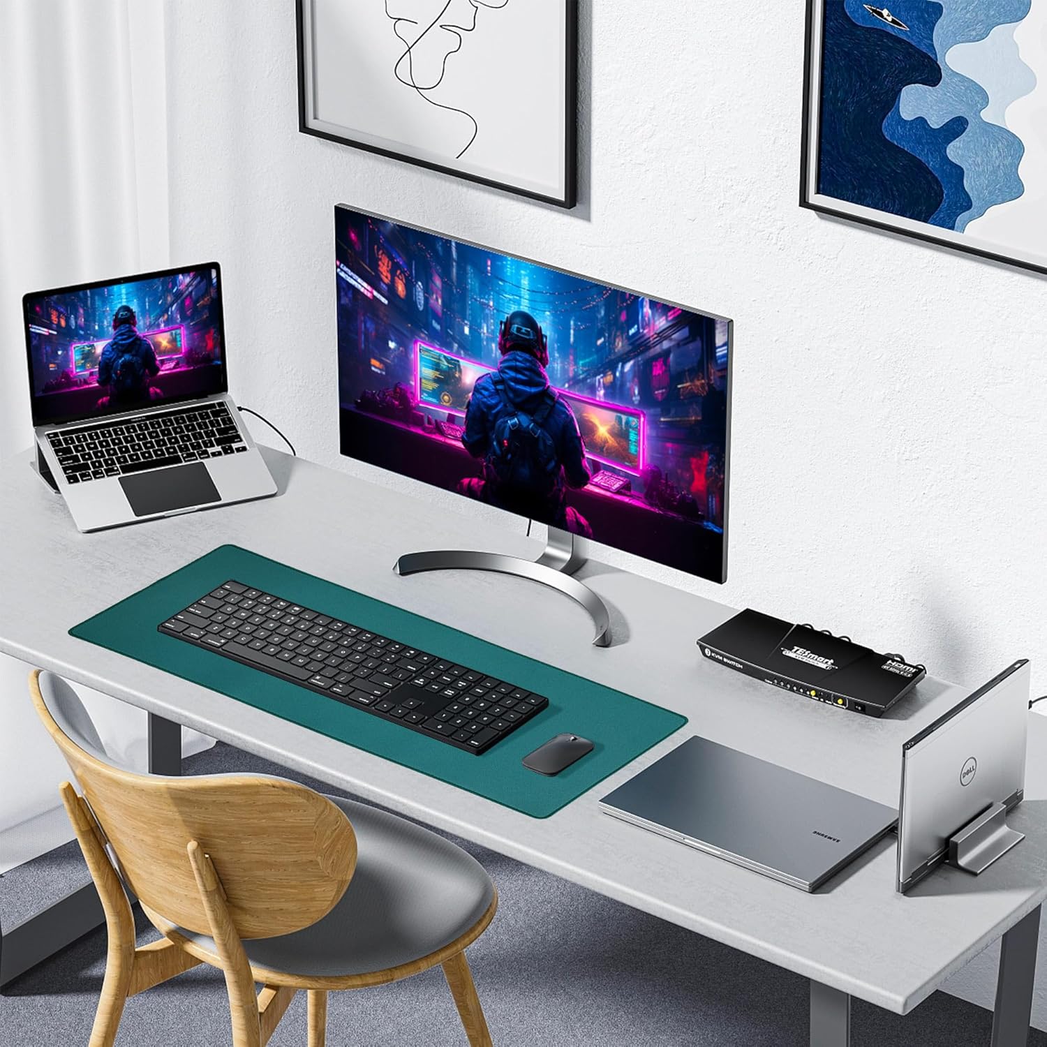 ALOANES Dark Green Waterproof Desk Mat,Large Extended Mouse Mat,Office Desk Protector with Anti-Slip Base,Stitched Edge,Grain Jacquard Surface,Perfect for Gamer,Office&Home, XL(11.81''x27.56''x0.12'')