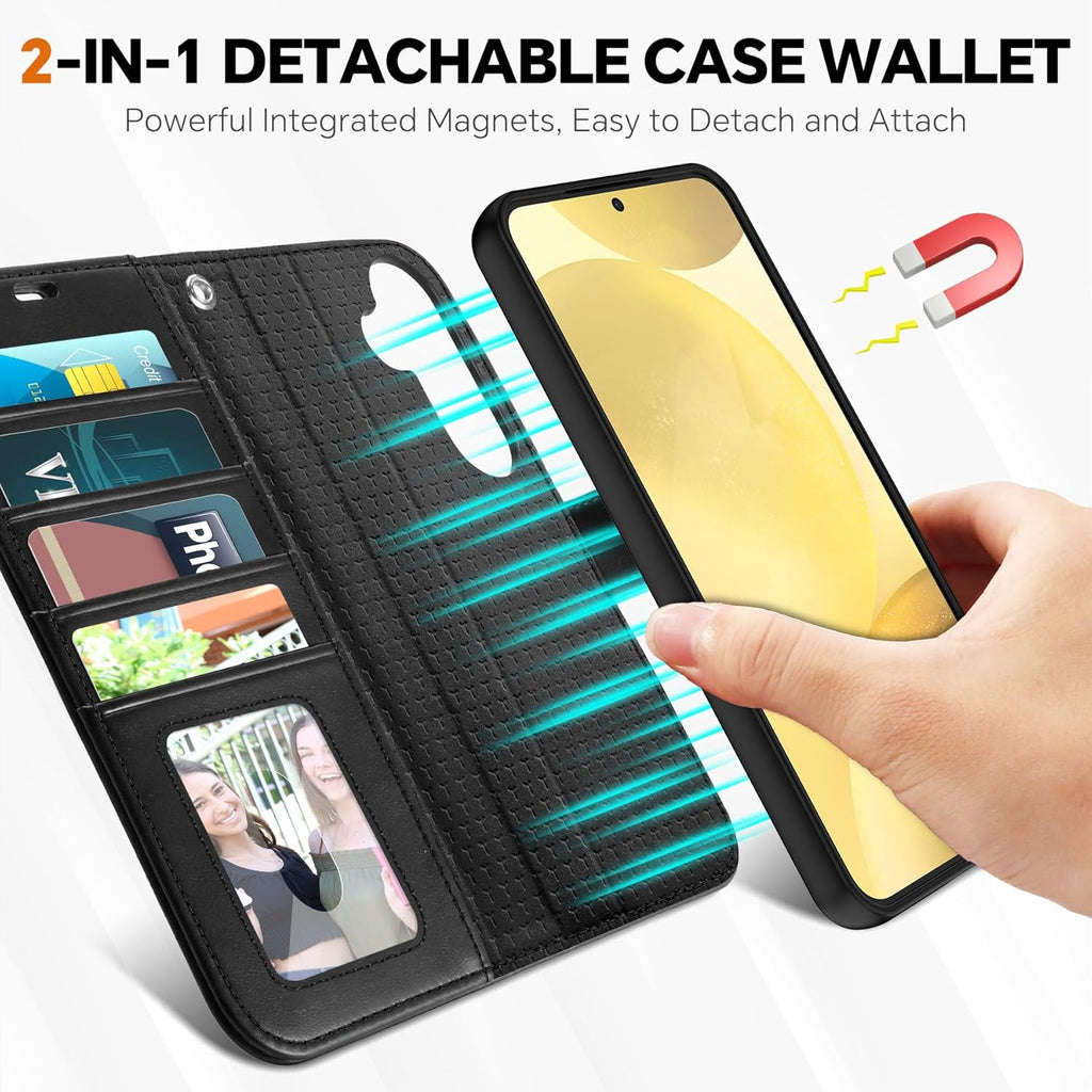 TUCCH Wallet Case for Galaxy S25, Removable 2 in 1 RFID Blocking [4 Card Slots] Wrist Strap [Wireless Charging] Kickstand PU Leather Magnetic Detachable Protective Cover for Galaxy S25 6.2", Black