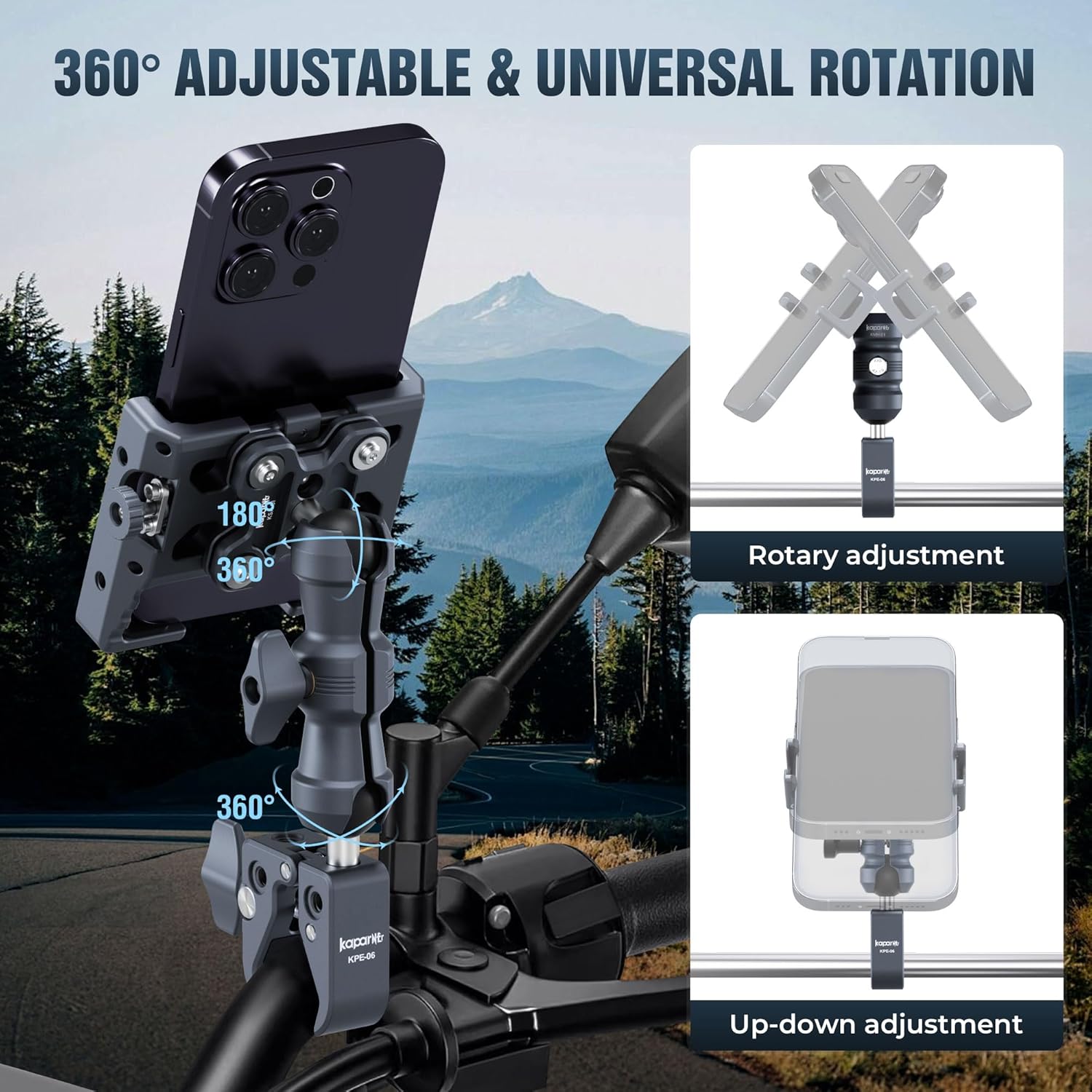 Riding Phone Holder Kit, Include Dual Socket Arm/Handlebar Strong Rod Clamp/Adjustable Phone Clip, Suitable for 5.5-7" Smartphone, Installed on 0.55-1.77" Diameter Rail Round Rod (KPS-14)