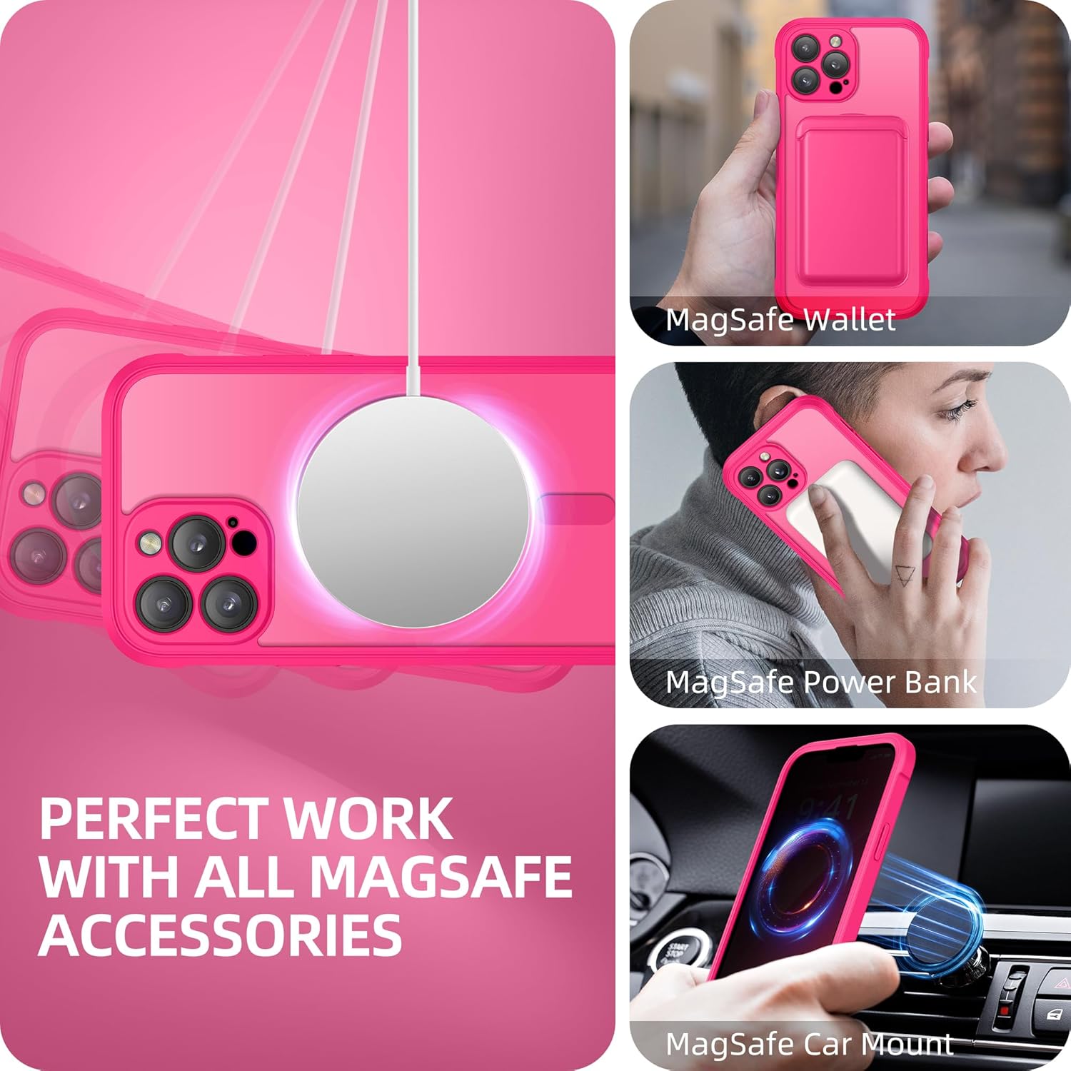 BERFY Magnetic for iPhone 13 Pro Max Case,Compatible with MagSafe,Built-in Privacy Screen Protector and Upgraded Camera Protection,Anti-Spy Full Body Shockproof Phone Case for 13 Pro Max 6.7",Hot Pink