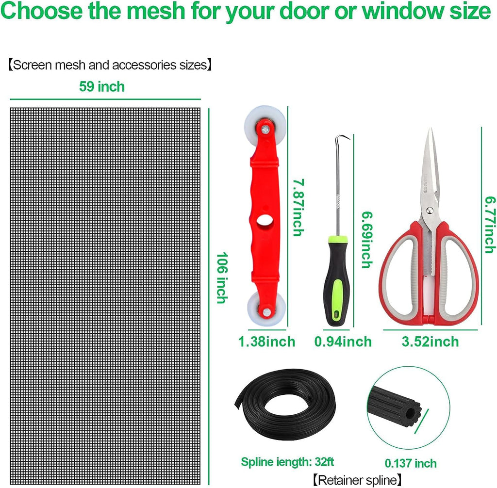 QWR Pet Proof Window Screens and Screen Door Replacement Kit, 59"x106" Durable High Hardness Vinyl Coated Polyester-Like Screen Repair Kit for Sliding Screen Door,Patio and Windows.(Folded Package)