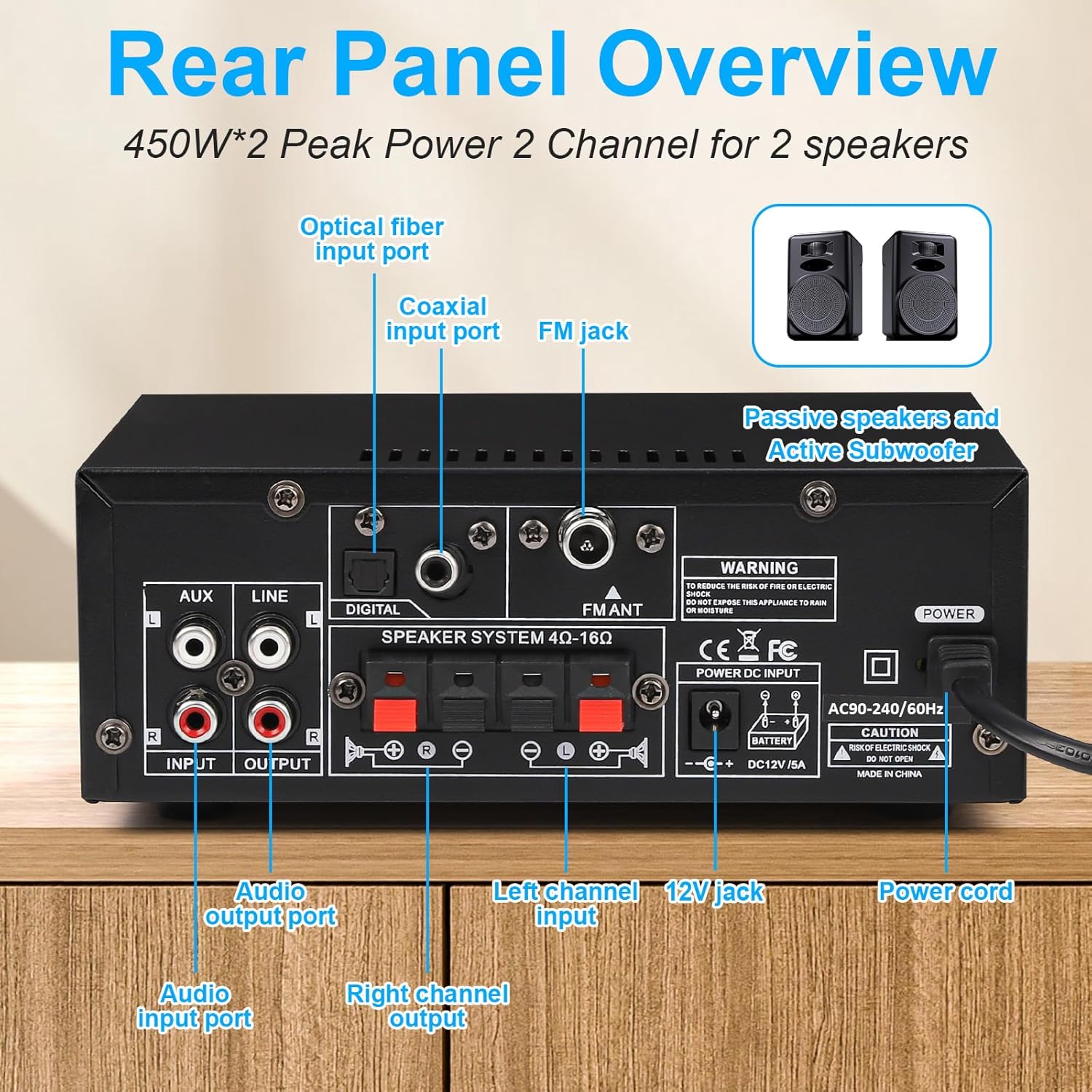 Romica Stereo Audio Amplifier, 2 Channel 450W x2 Bluetooth 5.0 Home Theater Power Amplifier with FM Radio, USB, SD, Optical & Coaxial Inputs, Amplifier for Passive Speakers and Active subwoofer