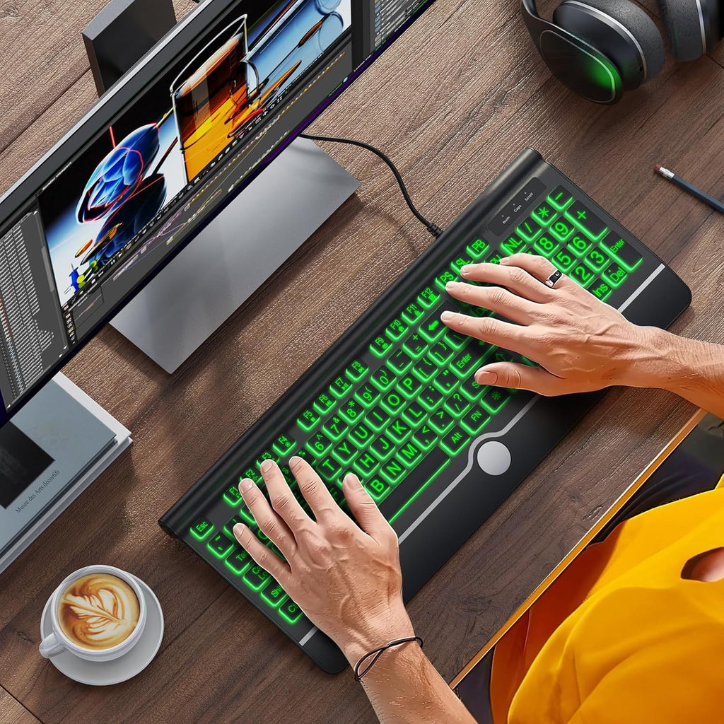 Large Print Backlit Computer Keyboard, USB Full Size Wired Keyboards with 7-Colors Backlight, Wrist Rest, Light Up Keyboard for Windows, PC, Laptop - Easy to See, Easy to Setup